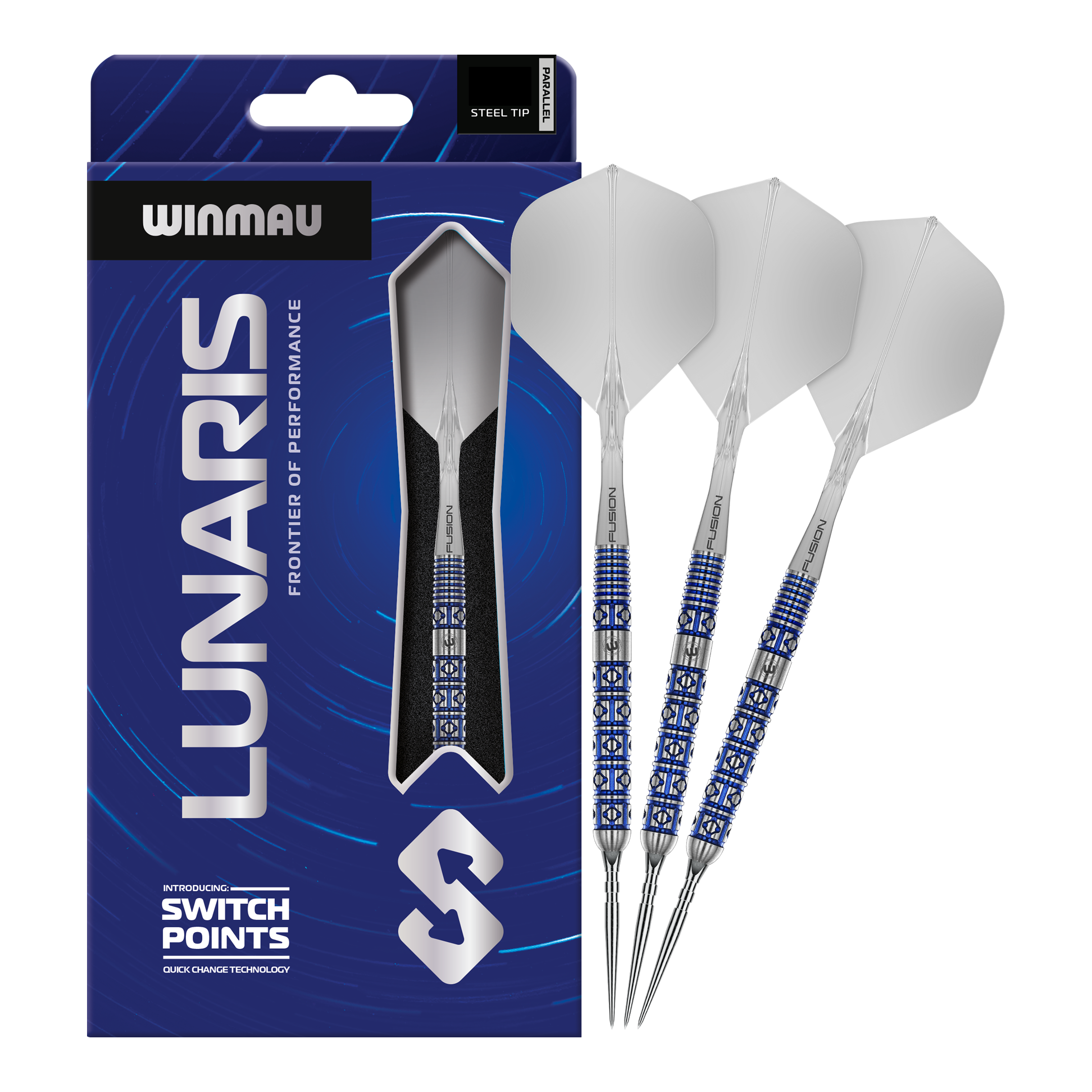 Zu sehen sind die Winmau Lunaris Parallel Switch Point Steeldarts in voller Länge. Das Produkt wird frontal gezeigt.