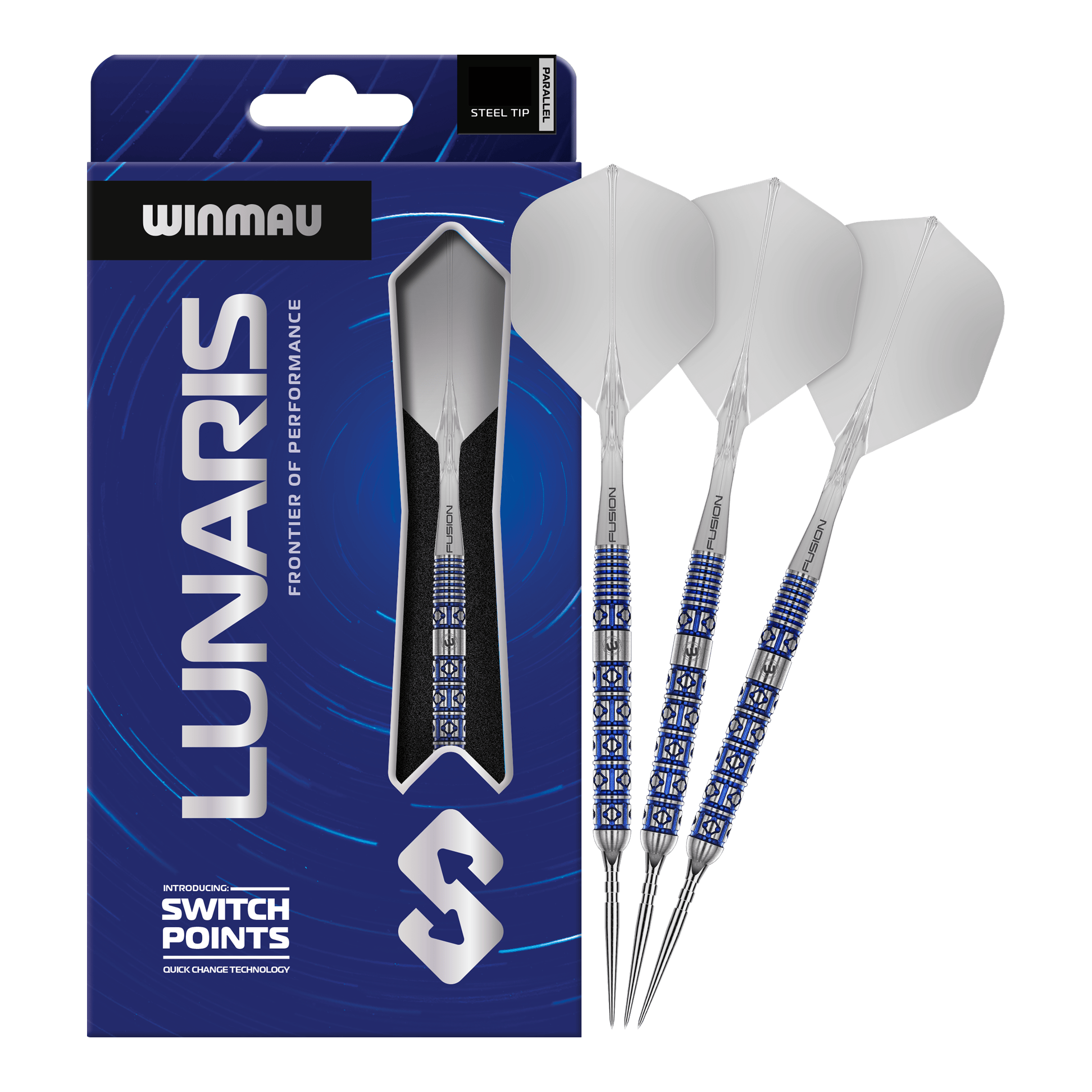 Winmau Lunaris Parallel Switch Point Steeldarts Zu sehen sind die Winmau Lunaris Parallel Switch Point Steeldarts in voller Länge. Das Produkt wird frontal gezeigt.