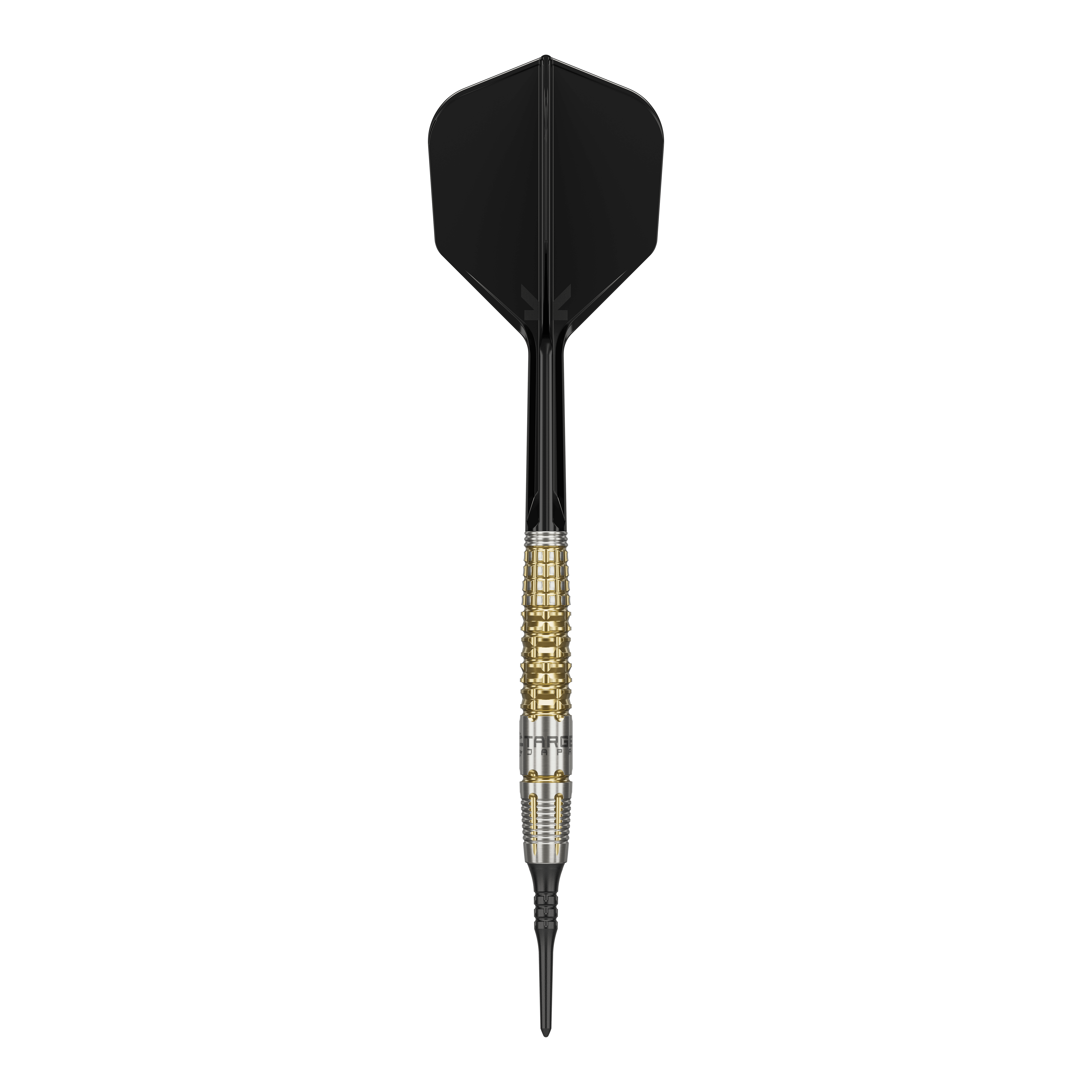 Dardos blandos Target Japan Black Marque Warrior - 18,5 g Das Bild zeigt einen Target Japan Black Marque Warrior Softdart mit einem Gewicht von 18,5g. Der Dart hat eine schwarze Spitze und Flügel sowie einen gold-silbernen Griffbereich.