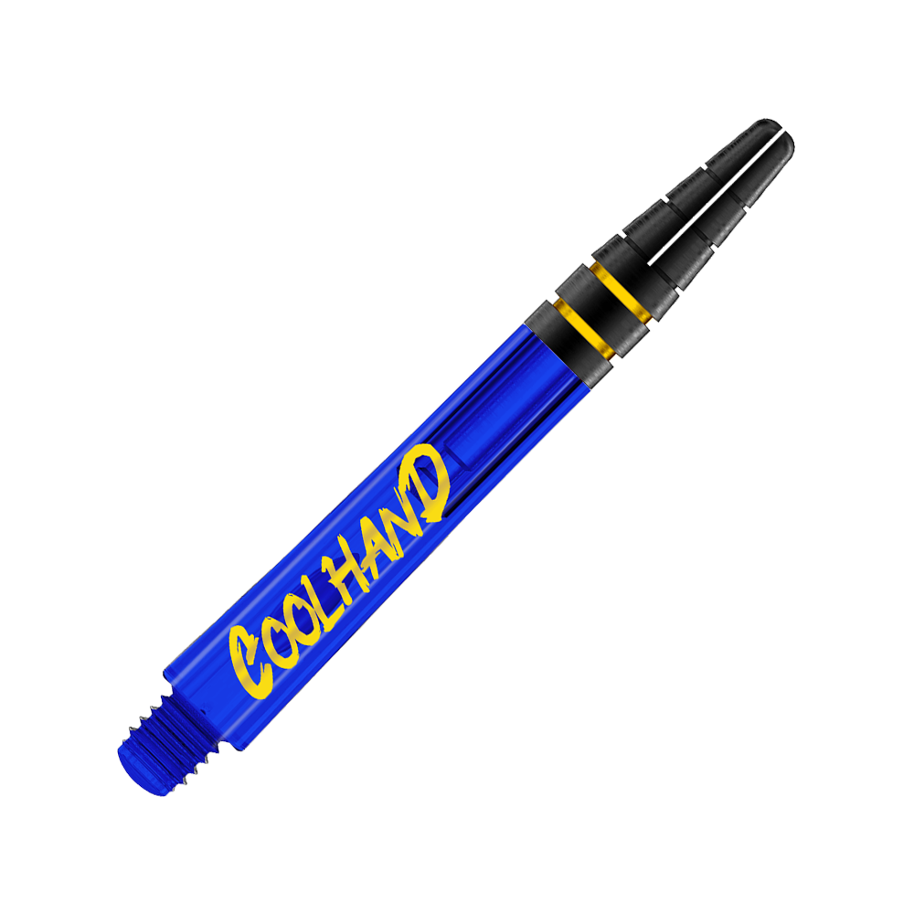 Dies ist ein blauer Dart-Schaft mit der gelben Aufschrift "COOLHAND". Am oberen Ende befinden sich zwei schwarze Ringe mit goldenen Akzenten.