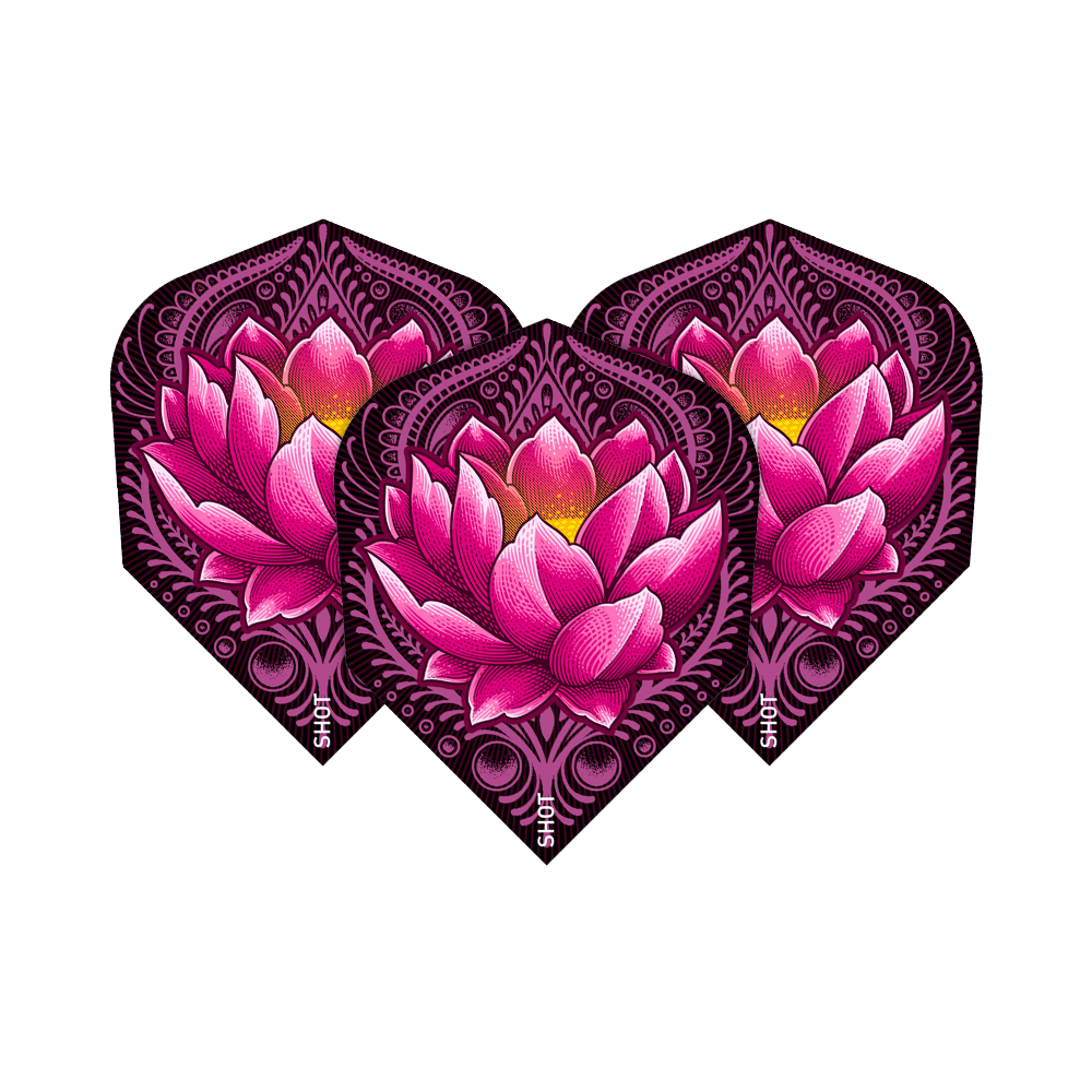 SF5432_Shot_ZEN_Juji_No6_Flights_1XLTRpwWCKrenP Das Bild zeigt drei Dart-Flights mit einem auffälligen pinken Lotusblumen-Design auf dunkelviolettem Hintergrund. Die Produktbezeichnung ist "Shot ZEN Juji No6 Flights".