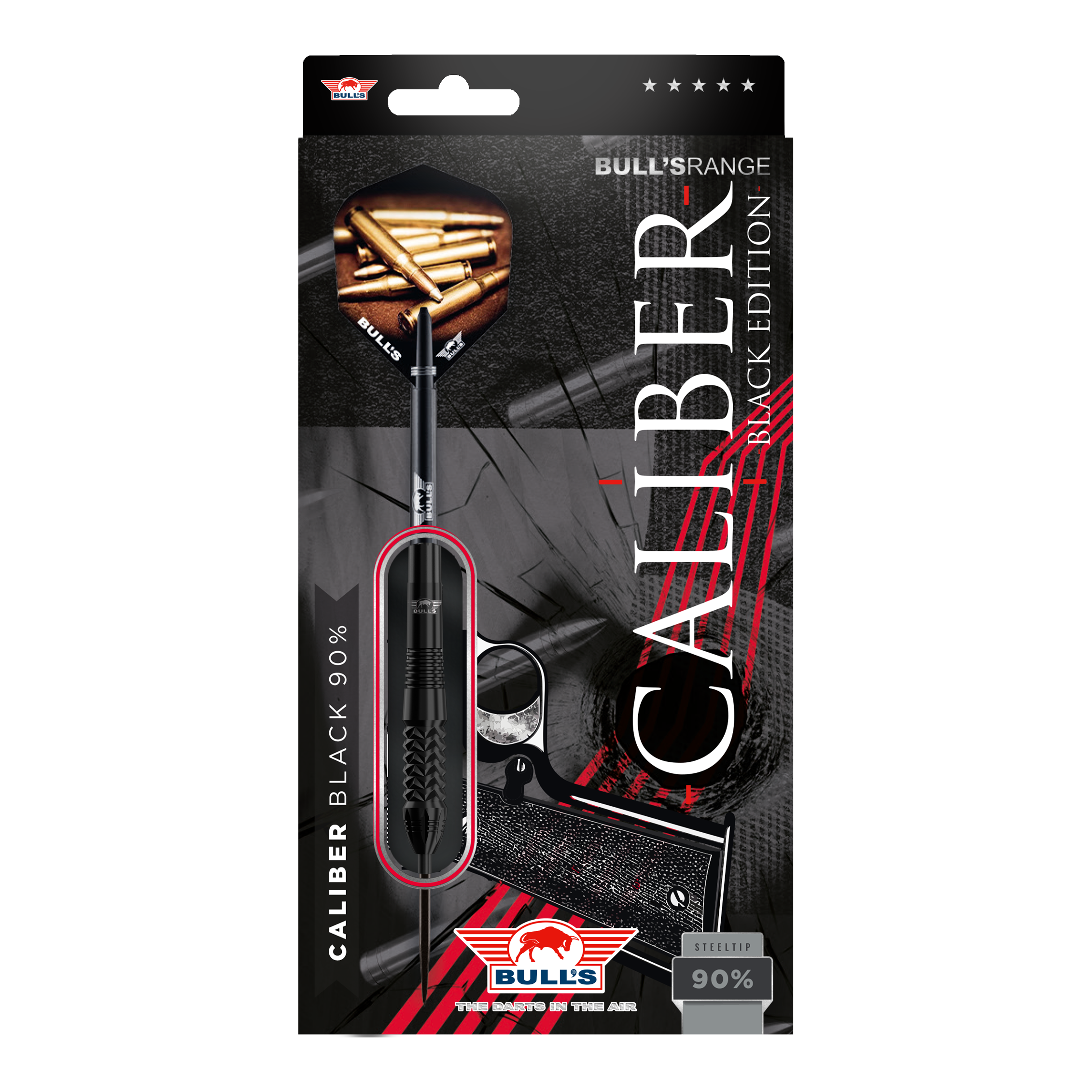Dardos de acero Bulls NL Caliber Black Das Bild zeigt die Verpackung der "Bulls NL Caliber Black Steeldarts". Die Verpackung ist schwarz gestaltet und hebt die Steeldarts sowie den Schriftzug "Caliber Black Edition" hervor.