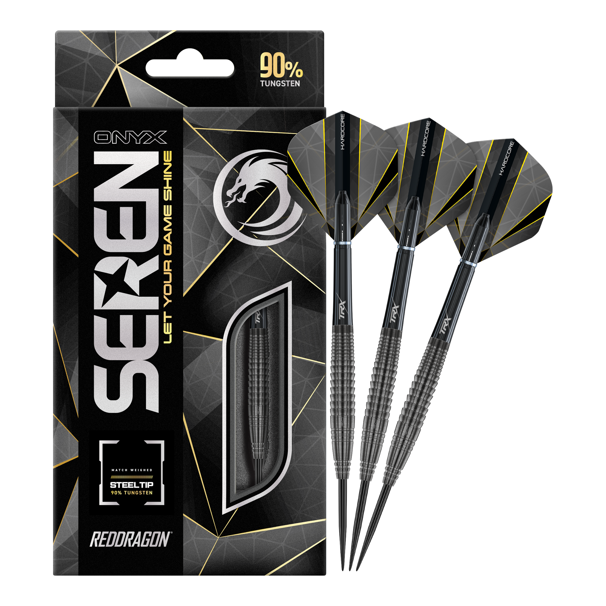 Ocelové šipky Red Dragon Seren 4 Onyx Das Bild zeigt die Verpackung und drei Steeldarts des Produkts "Red Dragon Seren 4 Onyx". Die Darts bestehen zu 90% aus Wolfram und haben ein modernes, schwarzes Design.