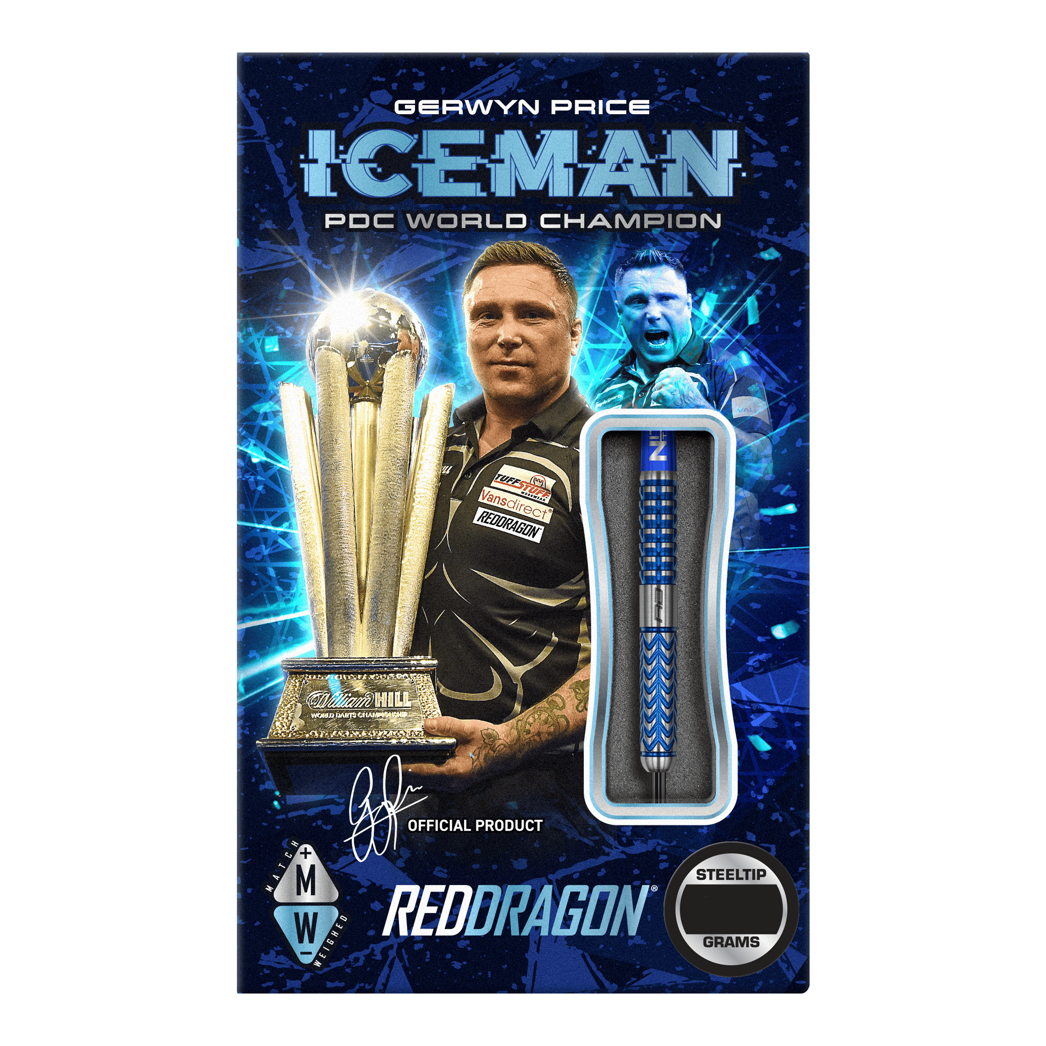 Ocelové šipky Red Dragon Gerwyn Price Glacier Das Bild zeigt die Verpackung der "Red Dragon Gerwyn Price Glacier Steeldarts". Auf der Verpackung sind Gerwyn Price, ein großer Pokal und ein Steeldart abgebildet.
