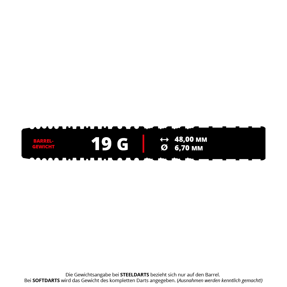 Fléchettes souples Target Japan Black Marque Morpheus GEN2 - 19 g Das Bild zeigt die Produktinformationen zu den Target Japan Black Marque Morpheus GEN2 Softdarts mit einem Gewicht von 19 Gramm. Die Länge beträgt 48,00 mm und der Durchmesser 6,70 mm.