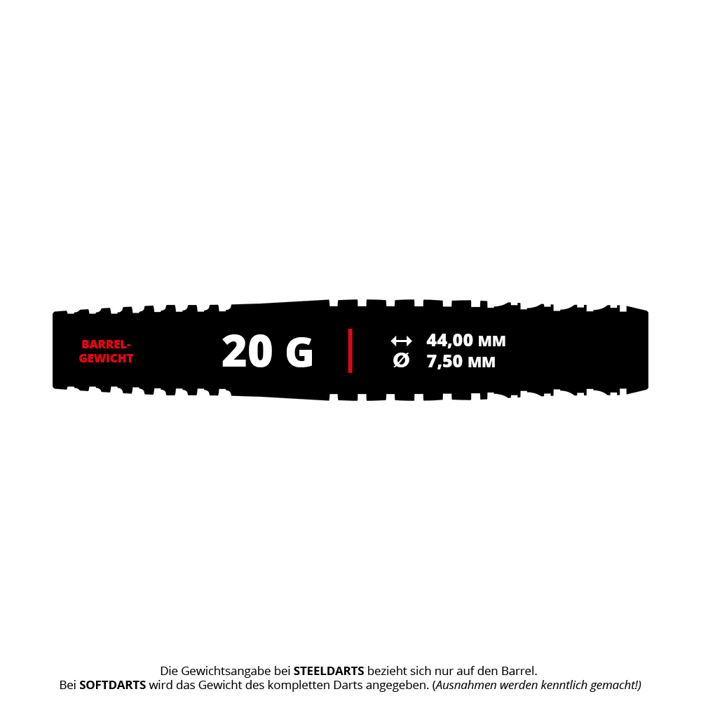 Das Bild zeigt die Produktdaten der Target Japan Toru Suzuki Sereno GEN2 Softdarts mit 20 Gramm Gewicht. Die Länge beträgt 44,00 mm und der Durchmesser 7,50 mm.