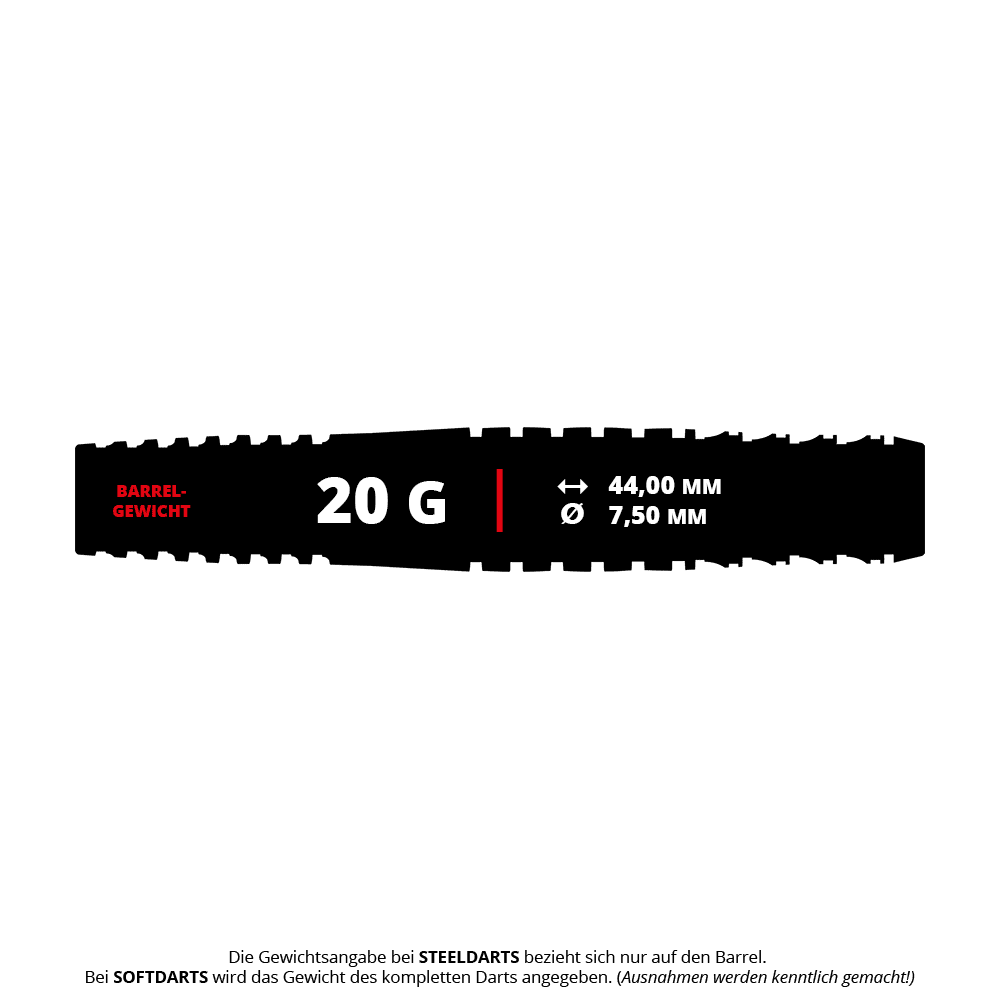 Fléchettes souples Target Japan Toru Suzuki Sereno GEN2 - 20 g Das Bild zeigt die Produktdaten der Target Japan Toru Suzuki Sereno GEN2 Softdarts mit 20 Gramm Gewicht. Die Länge beträgt 44,00 mm und der Durchmesser 7,50 mm.
