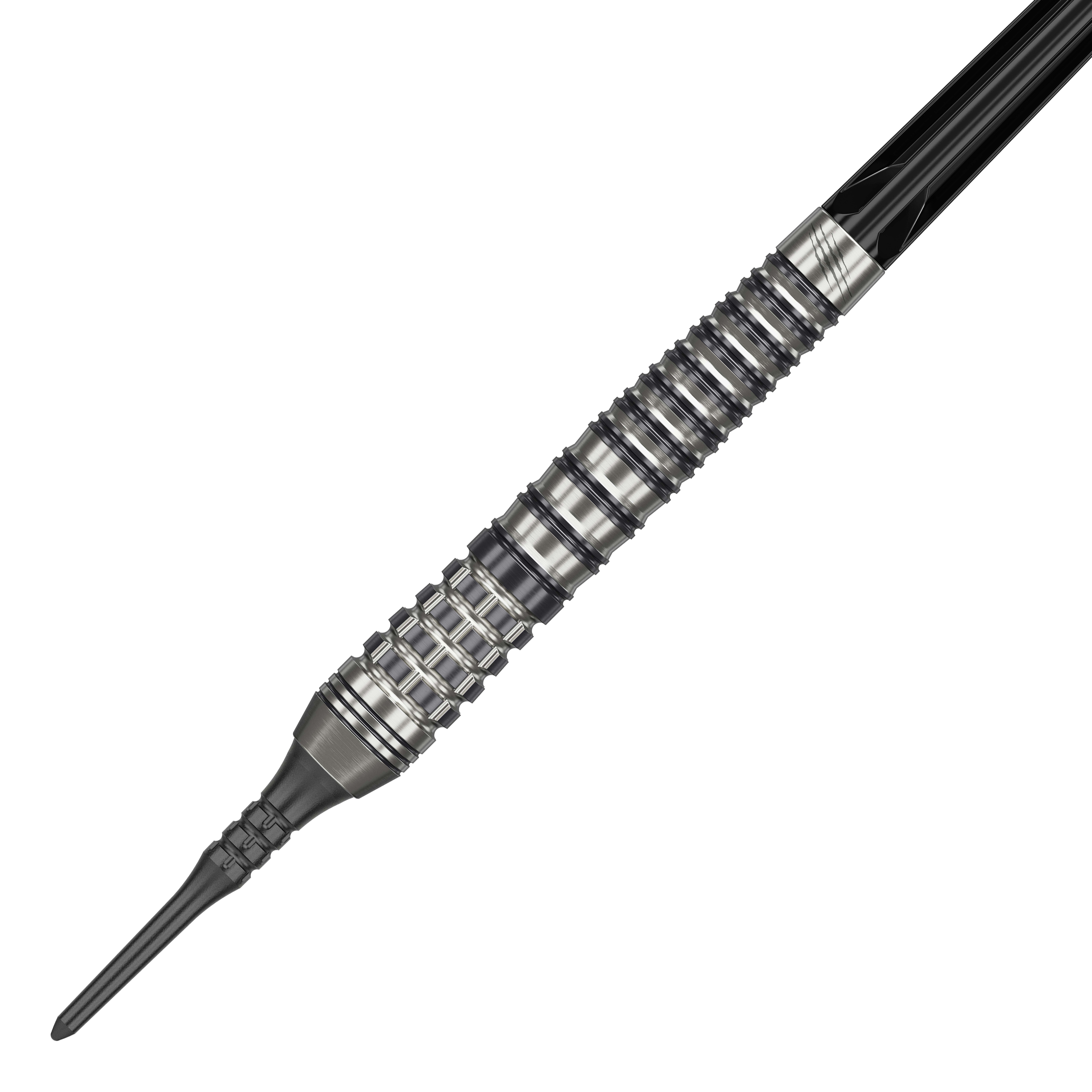 Das Bild zeigt einen Target Japan Black Marque Renegade 4 Softdart mit 19g Gewicht. Der Dart hat ein silber-schwarzes, gerilltes Design und eine schwarze Softspitze.