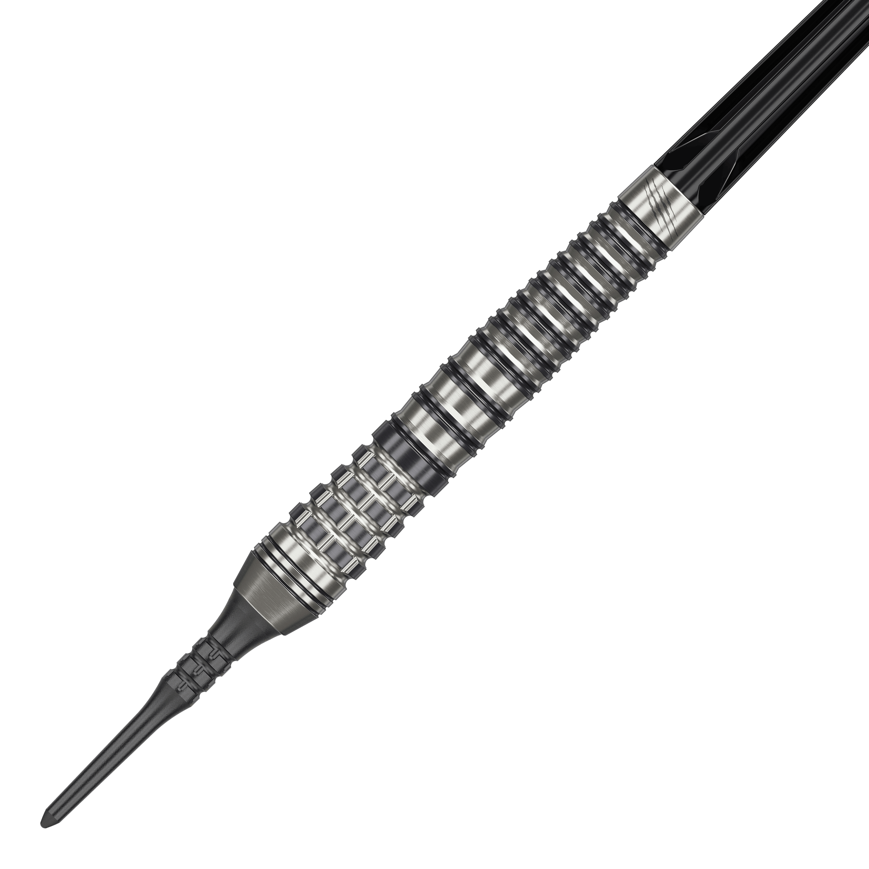 Dardos blandos Target Japan Black Marque Renegade 4 - 19 g Das Bild zeigt einen Target Japan Black Marque Renegade 4 Softdart mit 19g Gewicht. Der Dart hat ein silber-schwarzes, gerilltes Design und eine schwarze Softspitze.