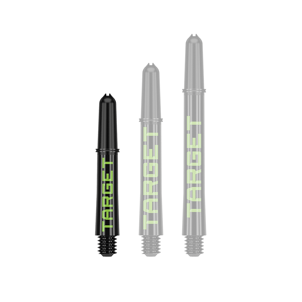 Target Pro Grip TAG Shafts - 3 Sets - Black Green Das Bild zeigt drei schwarze Dart-Schäfte in verschiedenen Längen mit grünem Schriftzug "TARGET". Sie sind nebeneinander auf weißem Hintergrund angeordnet.