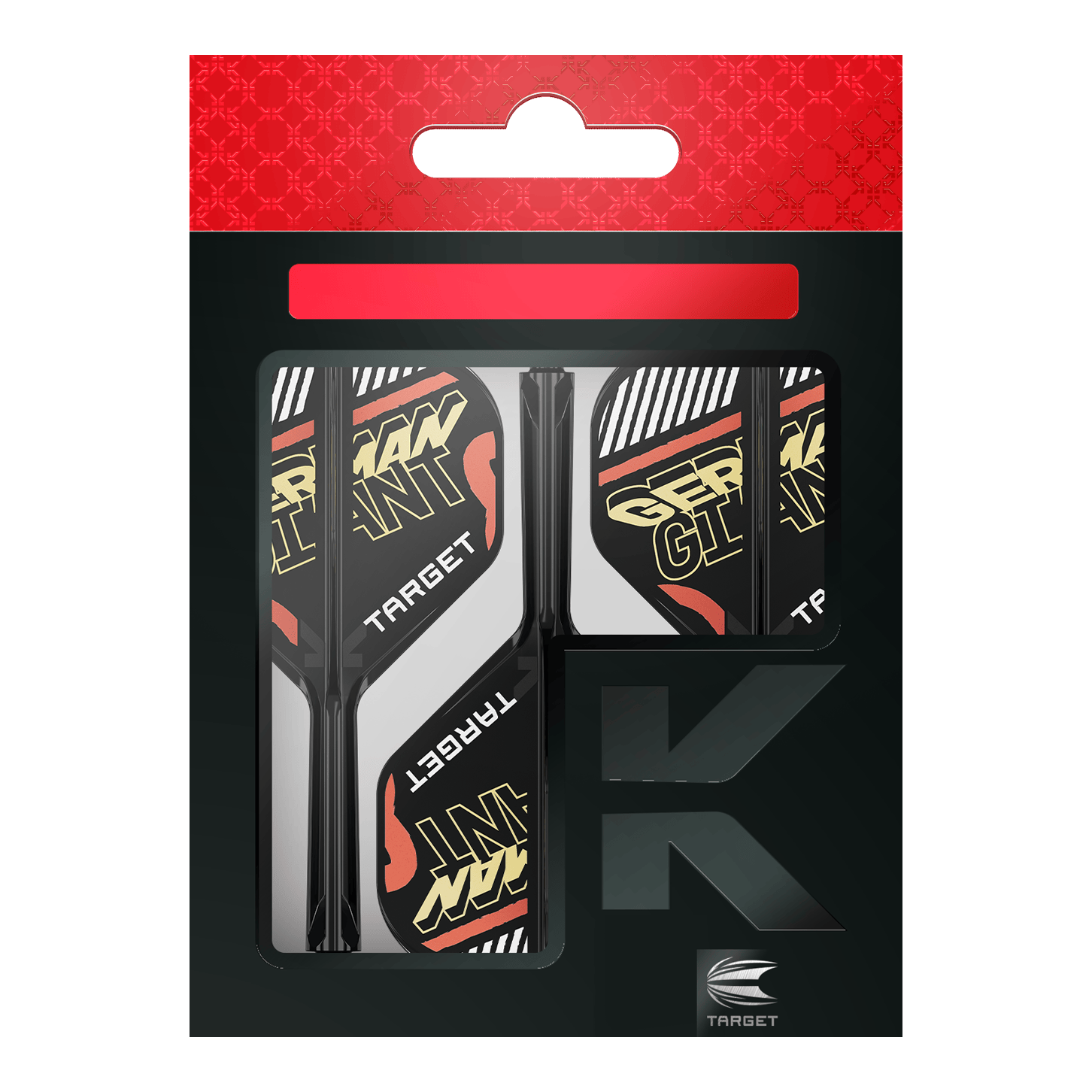 Target K-Flex Gabriel Clemens No2 Standard Flight-Shaft-System Auf dem Bild ist eine Verpackung mit Dart-Flights und Schäften der Marke Target zu sehen. Auf den Flights steht in gelber Schrift "GERMAN GIANT".