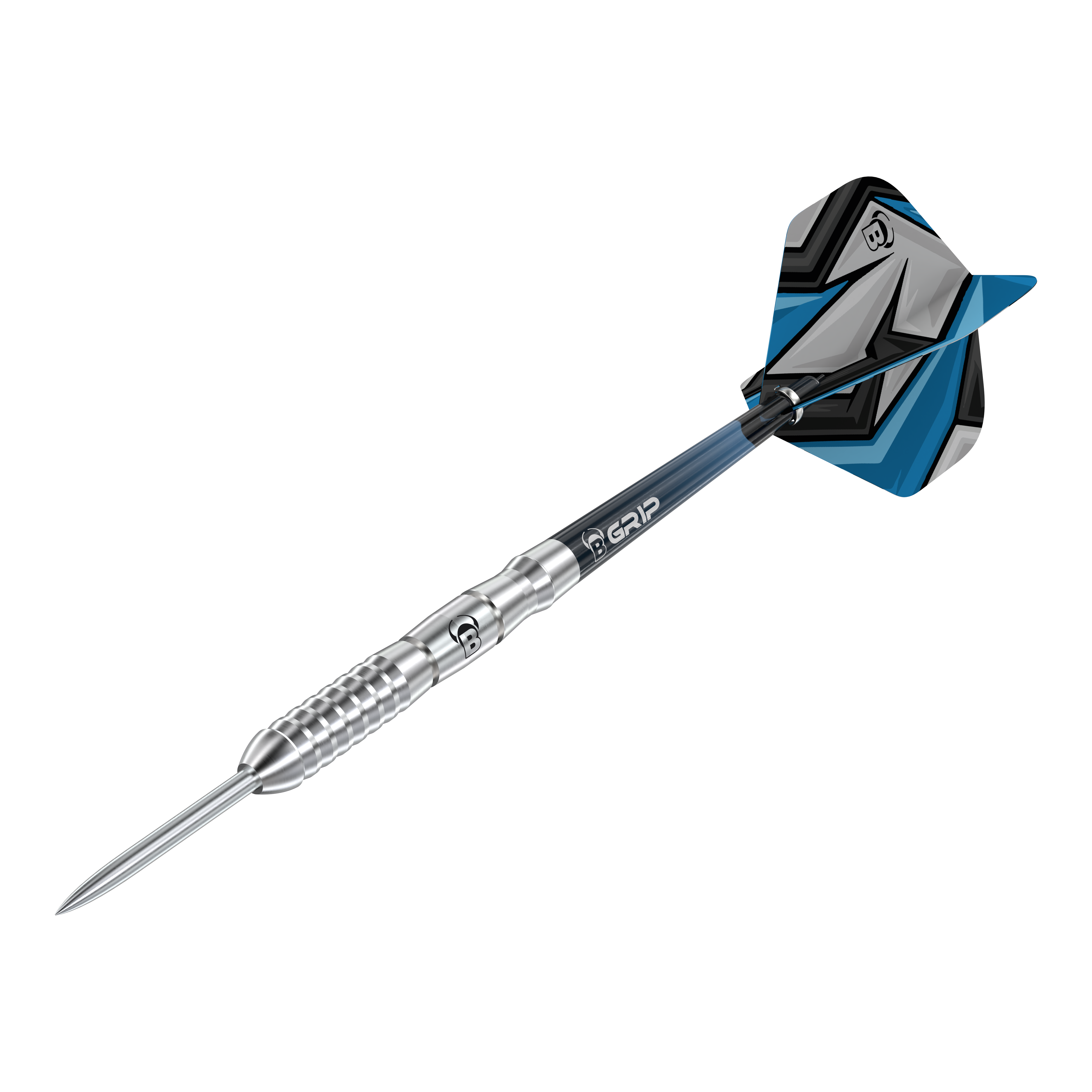 Bulls Stone S3 Steeldarts Das Bild zeigt einen Bulls Stone S3 Steeldart mit silbernem Barrel. Die Flights sind blau, schwarz und grau gemustert.