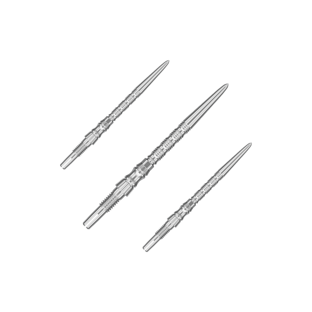 Mehrere silberne Dartspitzen sind nebeneinander zu sehen. Es handelt sich um ein Set der 'Target SwissPoint Signature TRB' Dartspitzen mit 30 mm Länge.