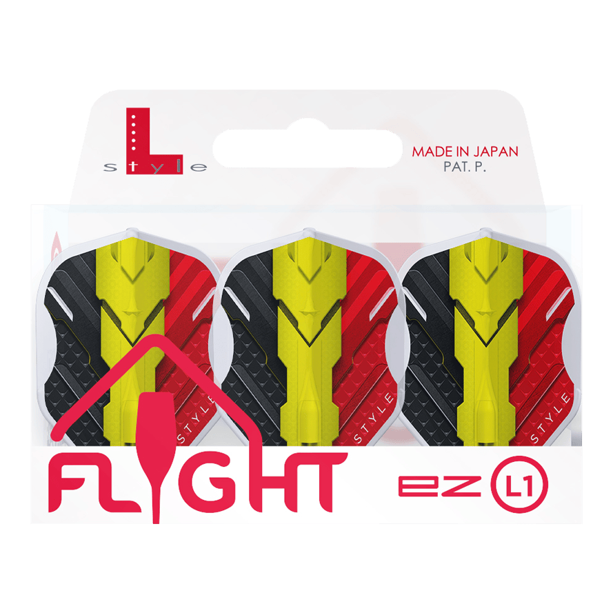 Alette L-Style V-Series V1 Tipo C Belgio Bianco Trasparente L1EZ Das Bild zeigt eine Packung mit drei L-Style V-Series V1 Type C Belgium Clear White L1EZ Flights. Die Flights sind in den Farben Schwarz, Gelb und Rot gestaltet und werden in einer Verpackung mit der Aufschrift "Made in Japan" präsentiert.