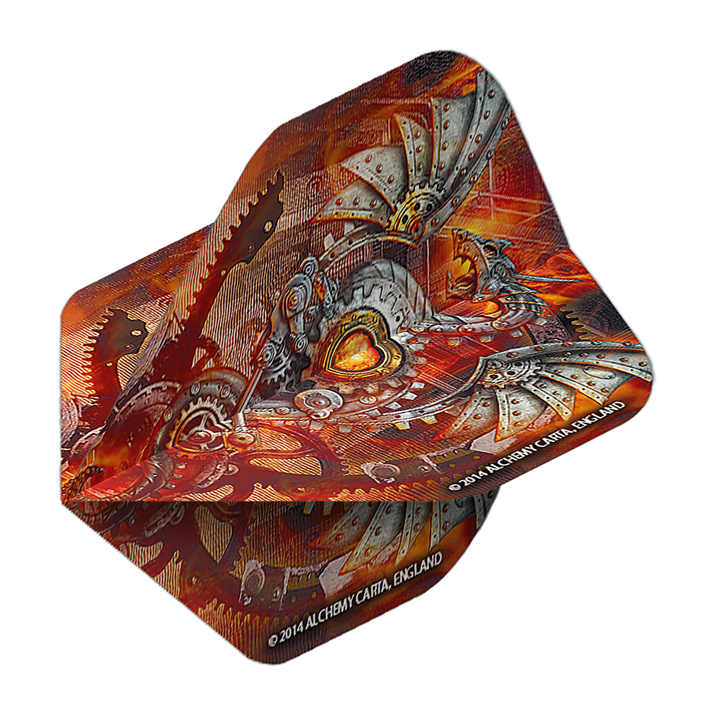 Dragon Alchemy Tech No2 Vols Standard Das Bild zeigt ein Dart-Flight mit einem detailreichen, mechanischen Drachenmotiv in Rot- und Metalltönen. Auf dem Flight steht "2014 ALCHEMY CARTA, ENGLAND" geschrieben.