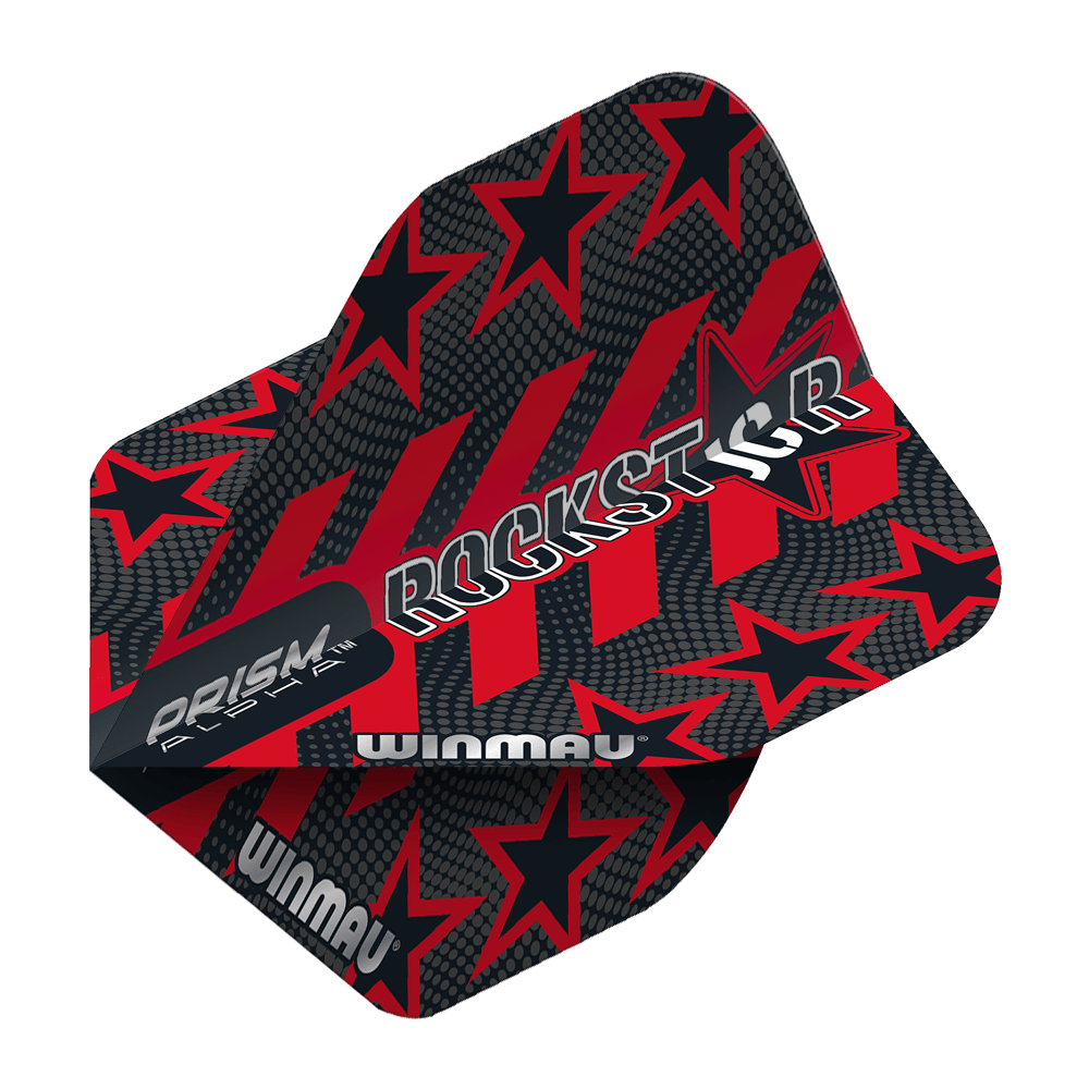 6915-198_Winmau_Prism_Alpha_Joe_Cullen_Standard_Flights_28jSQ3fPJvMkNS Das Bild zeigt die Dartflights "Winmau Prism Alpha Joe Cullen Standard Flights". Das Design ist schwarz-rot mit auffälligen Sternen und dem Schriftzug "ROCKSTAR".
