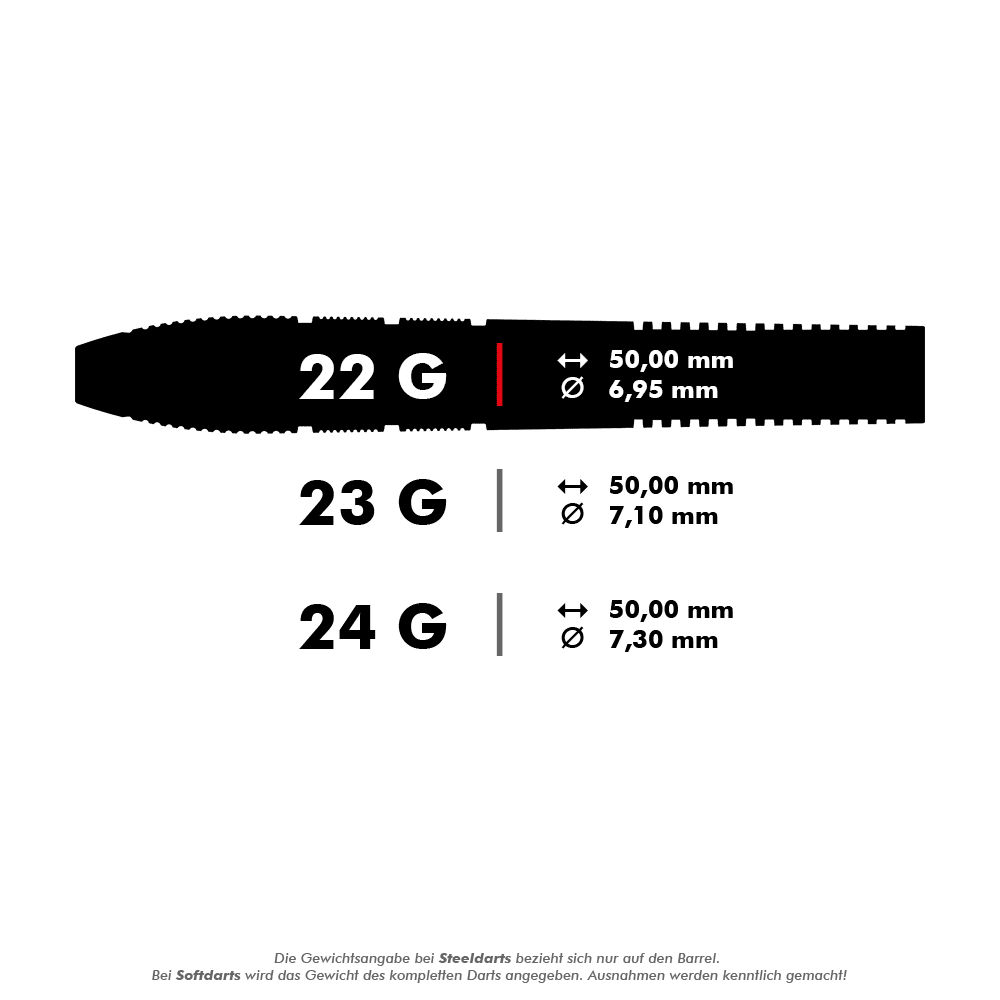 Ocelové šipky Target Nathan Aspinall X Echo Swiss Point Das Bild zeigt die Spezifikationen für Steeldarts in den Gewichtsklassen 22 g, 23 g und 24 g. Es werden jeweils die Länge und der Durchmesser der Darts angegeben.