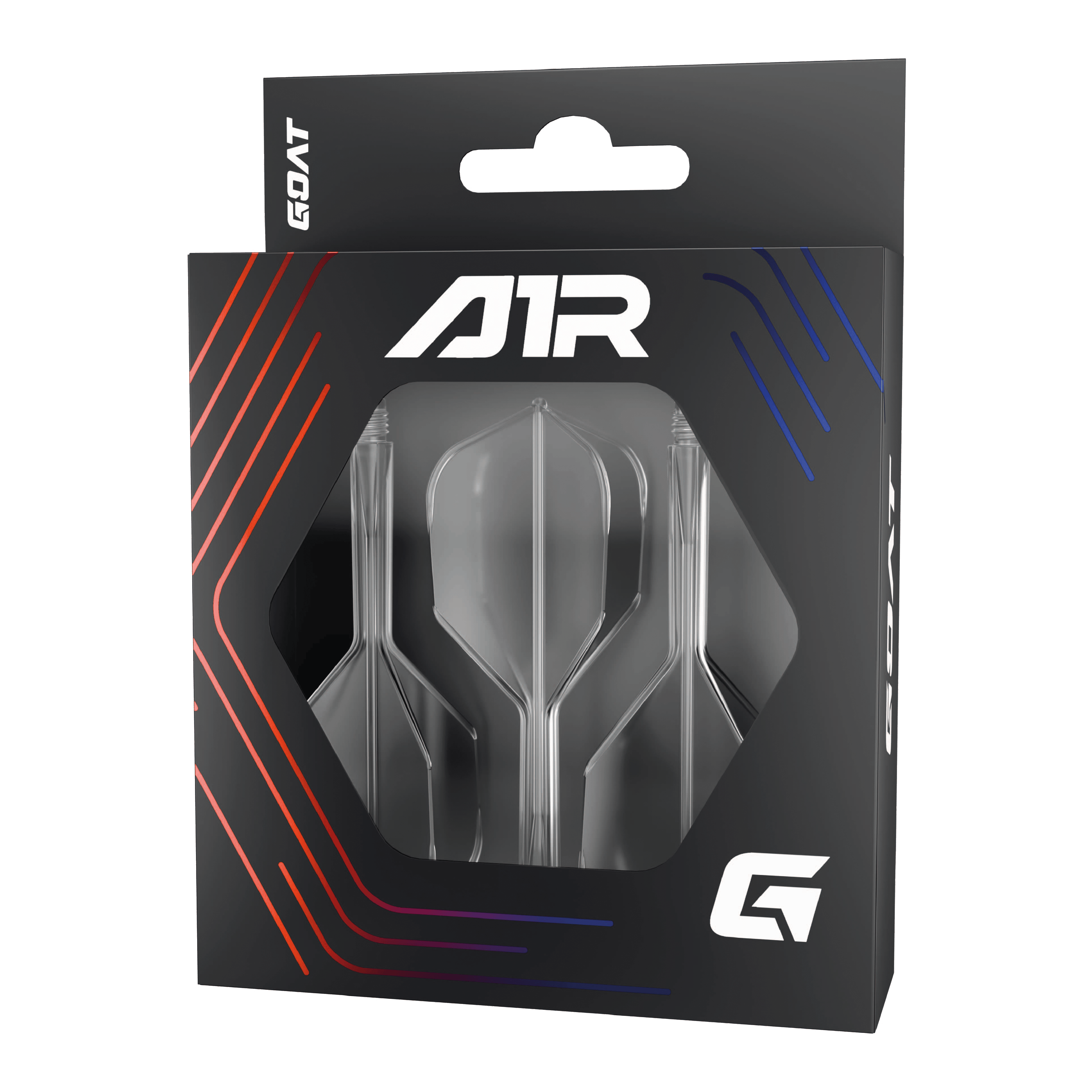 Système d'arbre de vol GOAT A1R n° 6 - Transparent Die Abbildung zeigt das Produkt "GOAT A1R No6 Flight-Shaft-System - Clear" in einer schwarzen Verpackung mit Sichtfenster. In der Packung sind drei klare Flight-Shaft-Systeme für Dartpfeile zu sehen.