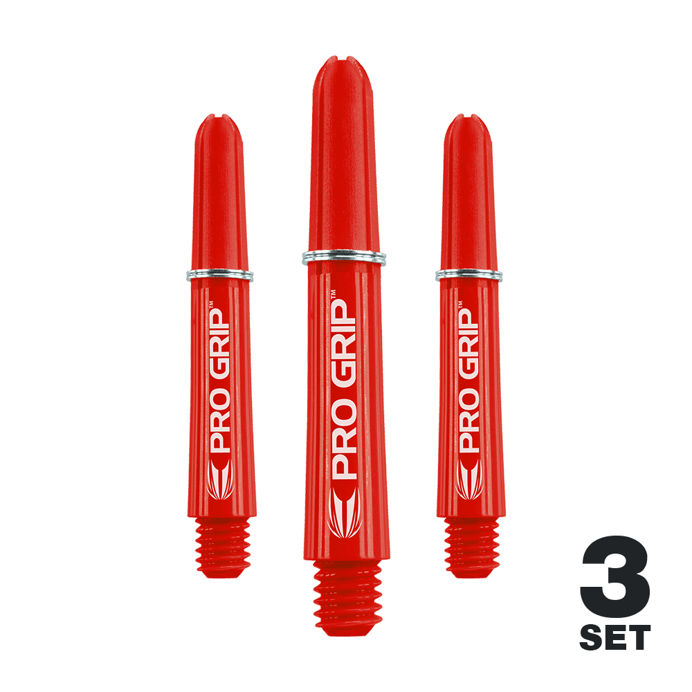 Target Pro Grip Shafts - 3 Sets - Rot Das Bild zeigt drei rote Pro Grip Dart-Schäfte, die nebeneinander stehen. In der rechten unteren Ecke steht "3 Set".