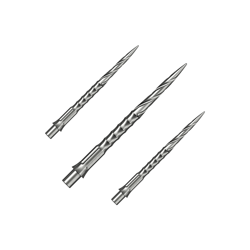 Das Bild zeigt ein Set aus silbernen Steeldartspitzen. Diese Spitzen sind 32 mm lang und haben ein Spiro NoLip Design.