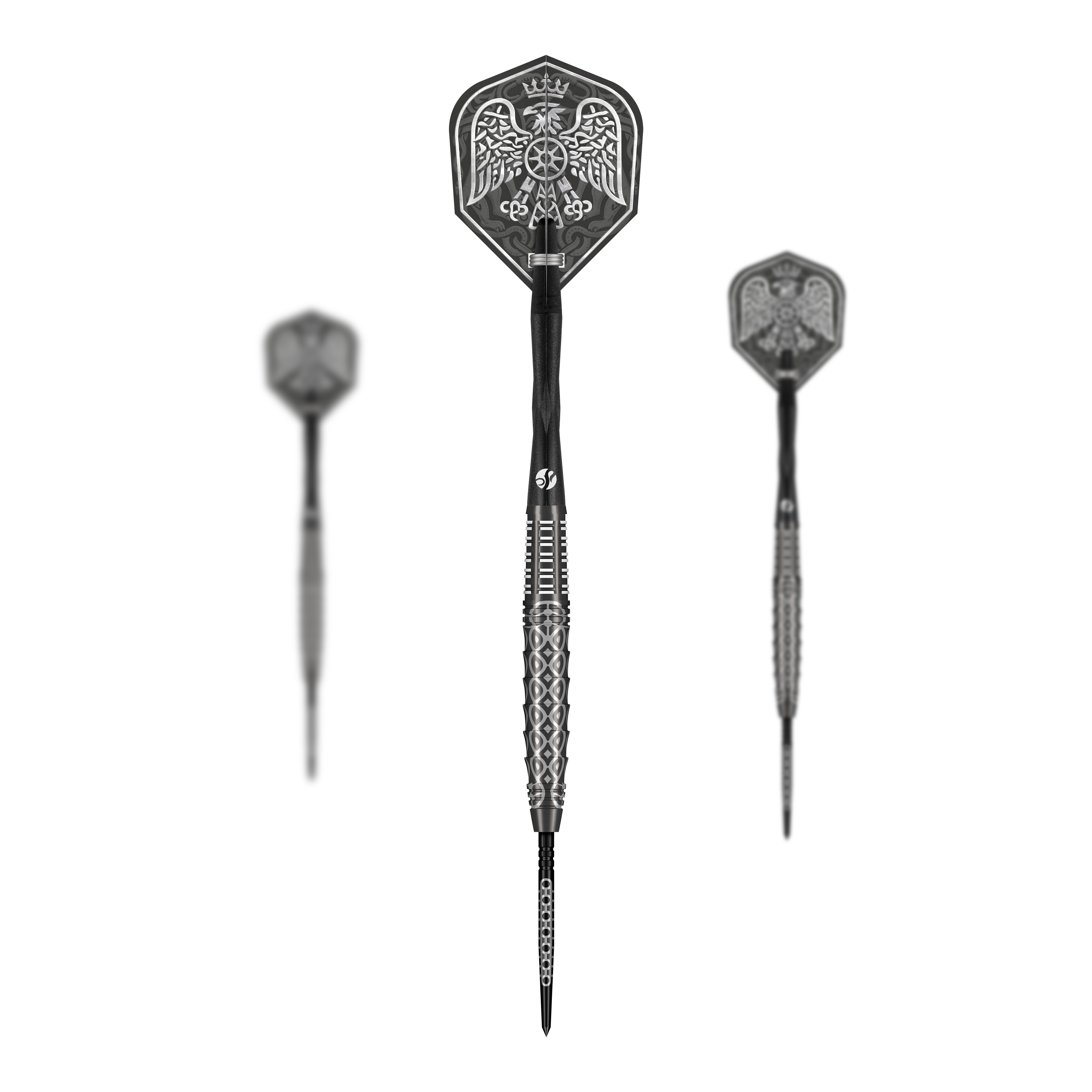 Fléchettes en acier Shot Goths Wulfaz Turbo Point - 23 g Das Bild zeigt das Shot Goths Wulfaz Turbo Point Steeldarts - 23g Set. Alle Teile des Dart Sets sind deutlich zu erkennen.