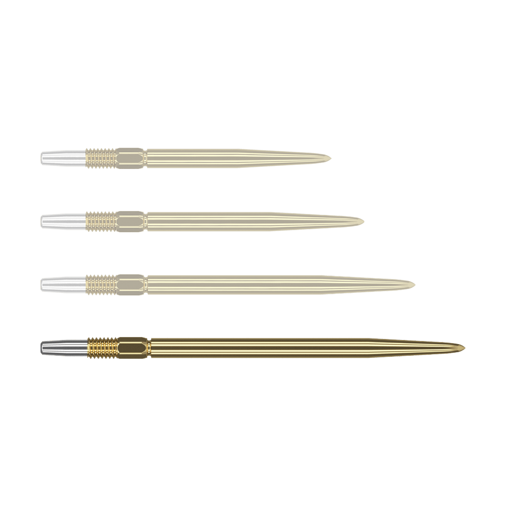 Target Swiss Point Gold Dartspitzen Auf dem Bild sind vier goldfarbene Dartspitzen zu sehen, die nebeneinander liegen. Die Spitzen haben einen silbernen Abschnitt am linken Ende und sind ansonsten komplett goldfarben.