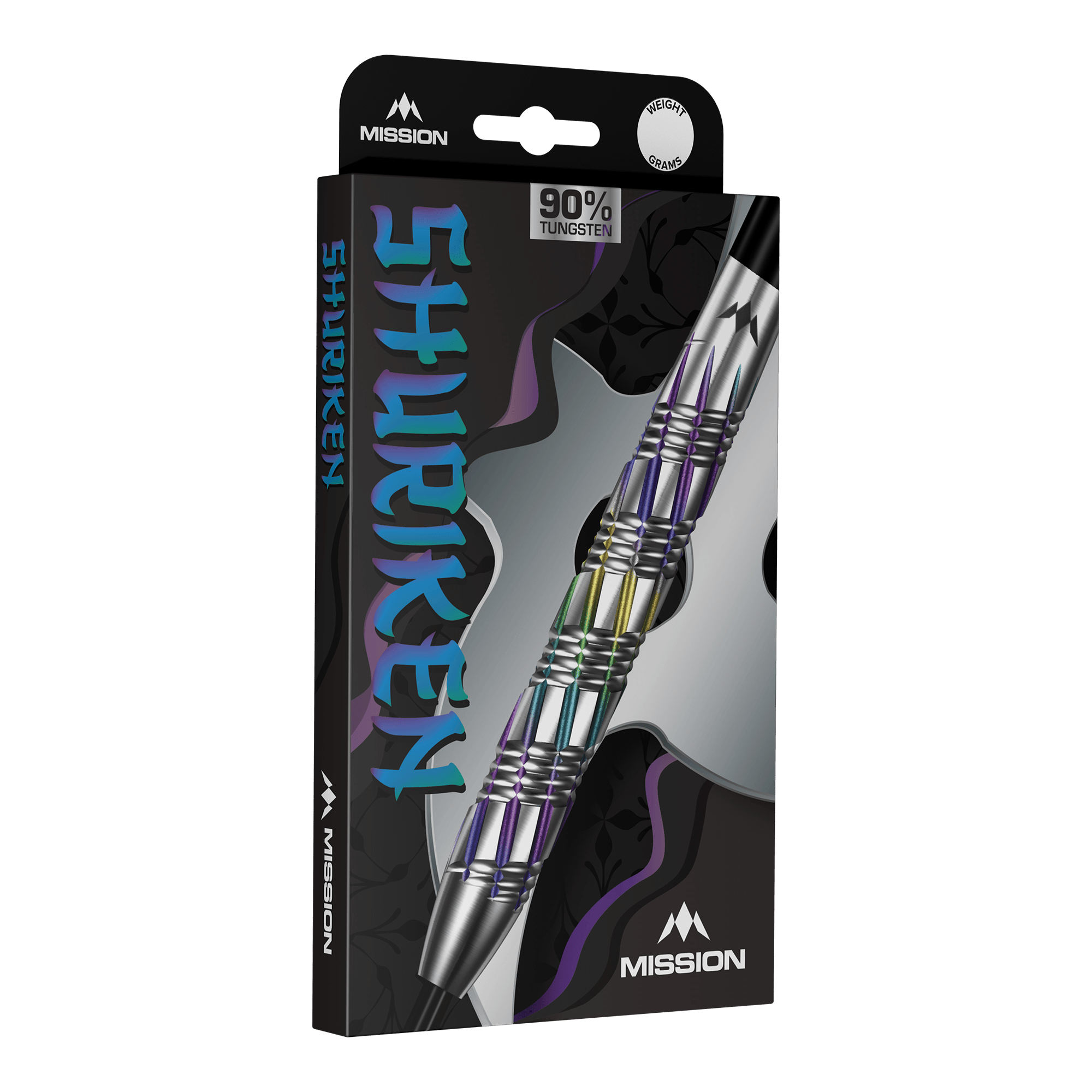 Dardos de acero Shuriken de Mission Auf dem Bild sind Mission Shuriken Steeldarts zu sehen. Das Foto zeigt die Steeldarts aus einer anderen Perspektive.