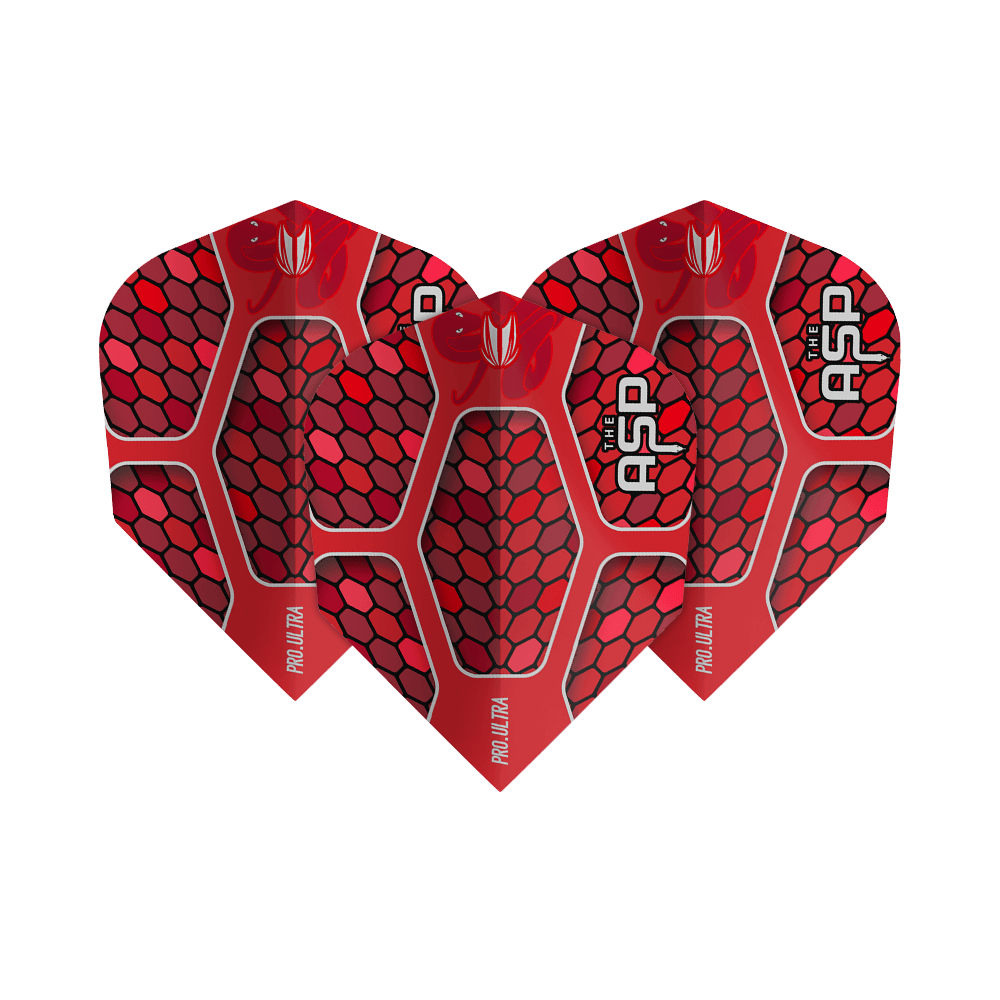 TG386_334440_Target_ProUltra_Nathan_Aspinall_Red_No6_Flights_1PVEZnZHf9xIJs Das Bild zeigt drei rote Dart-Flights mit dem Namen "Target ProUltra Nathan Aspinall Red No6 Flights". Die Flights haben ein Wabenmuster und die Aufschrift "THE ASP" sowie "PRO ULTRA".