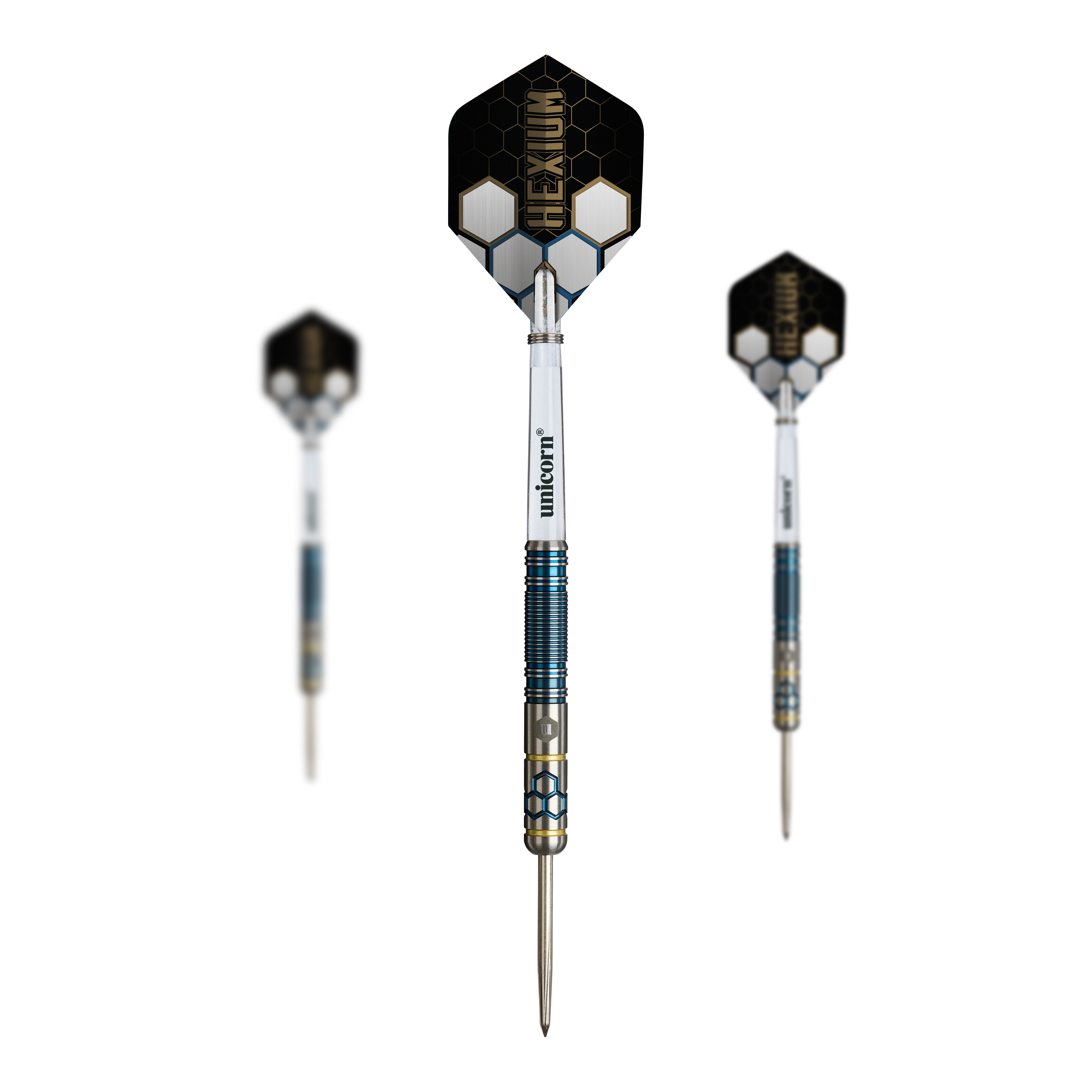 Dardos de acero Unicorn Hexium Style 02 azules y dorados Auf dem Bild ist ein Set der Unicorn Hexium Style 02 Blue & Gold Steeldarts abgebildet. Das Set enthält Steeldarts in eleganten Farben.