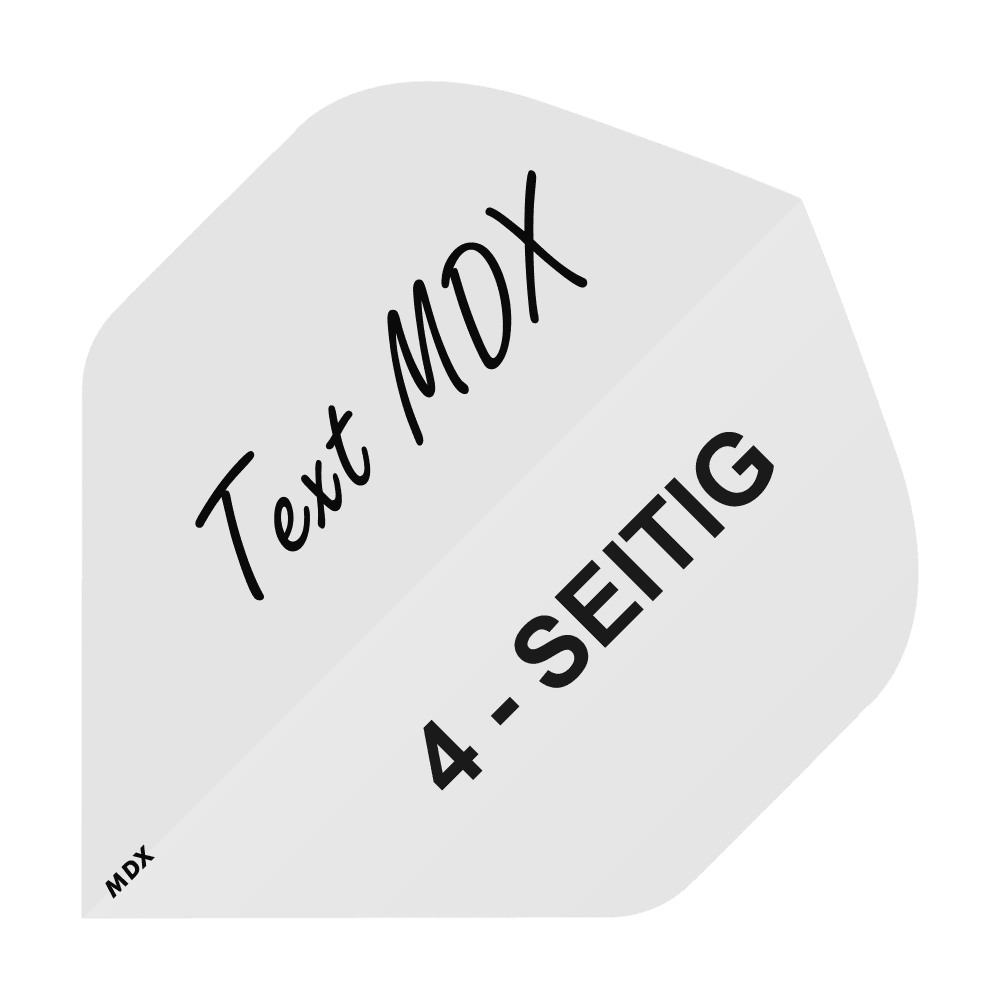 4-Seitig_Bedruckte_Flights_Wunschtext_MDX_Weiss_Standard_1 Das Bild zeigt einen weißen Dartflight mit der Aufschrift "Text MDX" und "4-SEITIG". Es handelt sich um ein Produkt, bei dem der Text individuell wählbar ist.