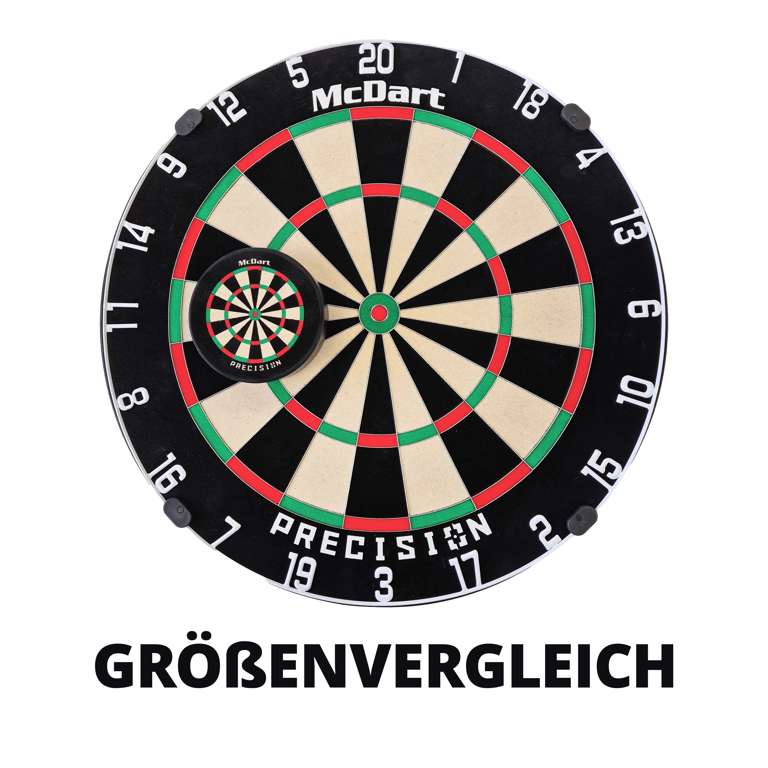 Porte-fléchettes McDart Precision Mini Dartboard Das Bild zeigt zwei McDart Präzisions-Dartscheiben in unterschiedlichen Größen übereinandergelegt. Im Vordergrund ist eine kleine Mini-Dartscheibe auf einer großen Dartscheibe zu sehen.