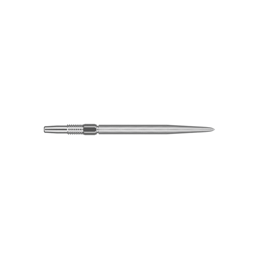 Puntas de dardos Target Swiss Point Nano - Plateadas Das Bild zeigt eine silberne Dartspitze in schlanker, länglicher Form. Die Oberfläche ist fein geriffelt und sieht präzise verarbeitet aus.