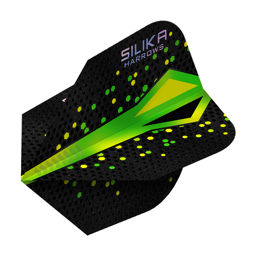 Harrows Silika Colourshift Tough Crystalline Coating Green No6 Flights Das Bild zeigt ein Dartflight der Marke Harrows mit dem Namen „Silika Colourshift Tough Crystalline Coating Green No6“. Das Flight ist überwiegend schwarz mit grünen und gelben Akzenten sowie hexagonalen Mustern.