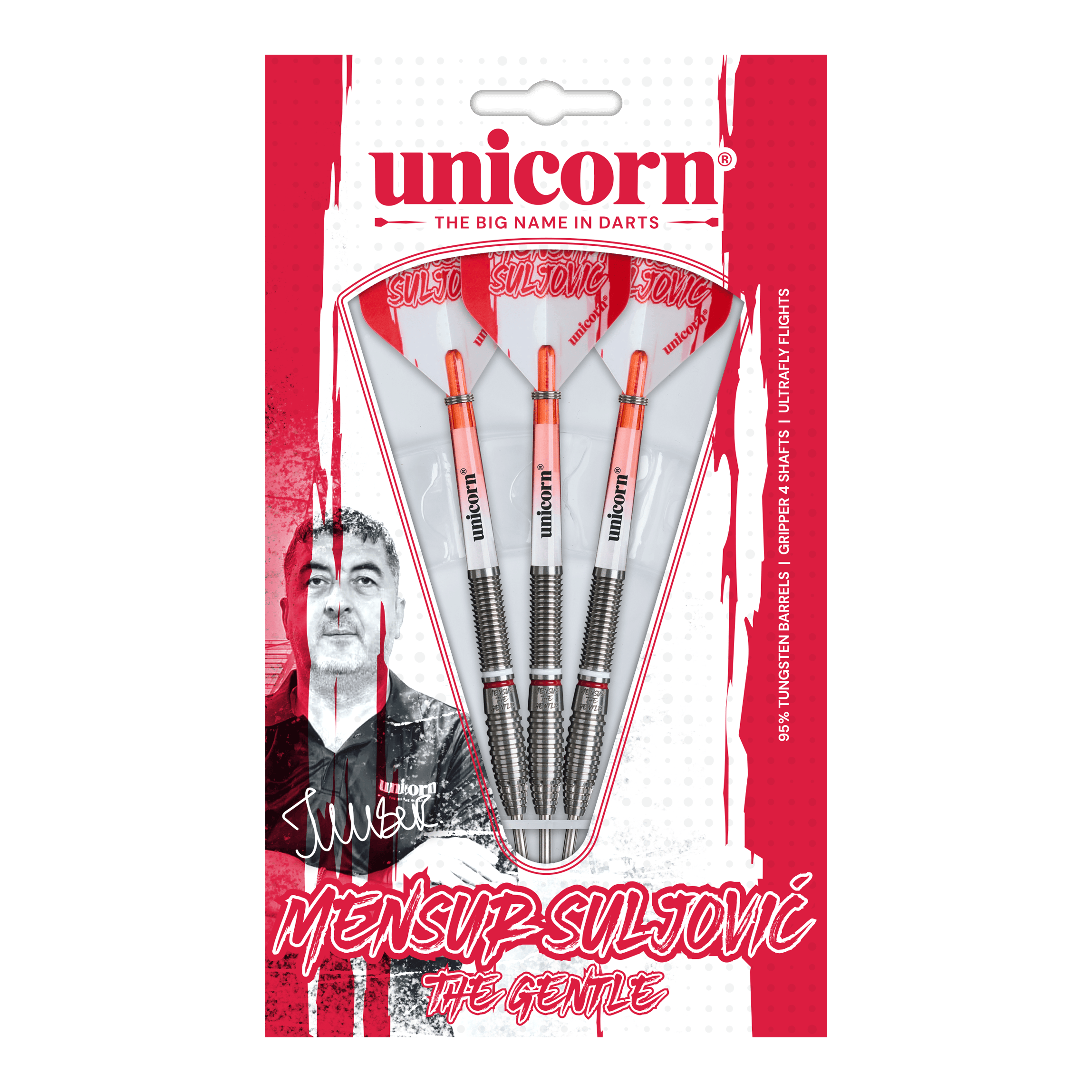 Abgebildet ist das Unicorn Mensur Suljovic The Gentle Steeldarts-Set mit 23g Gewicht. Diese Darts sind für alle gedacht, die Mensur Suljovic schätzen.