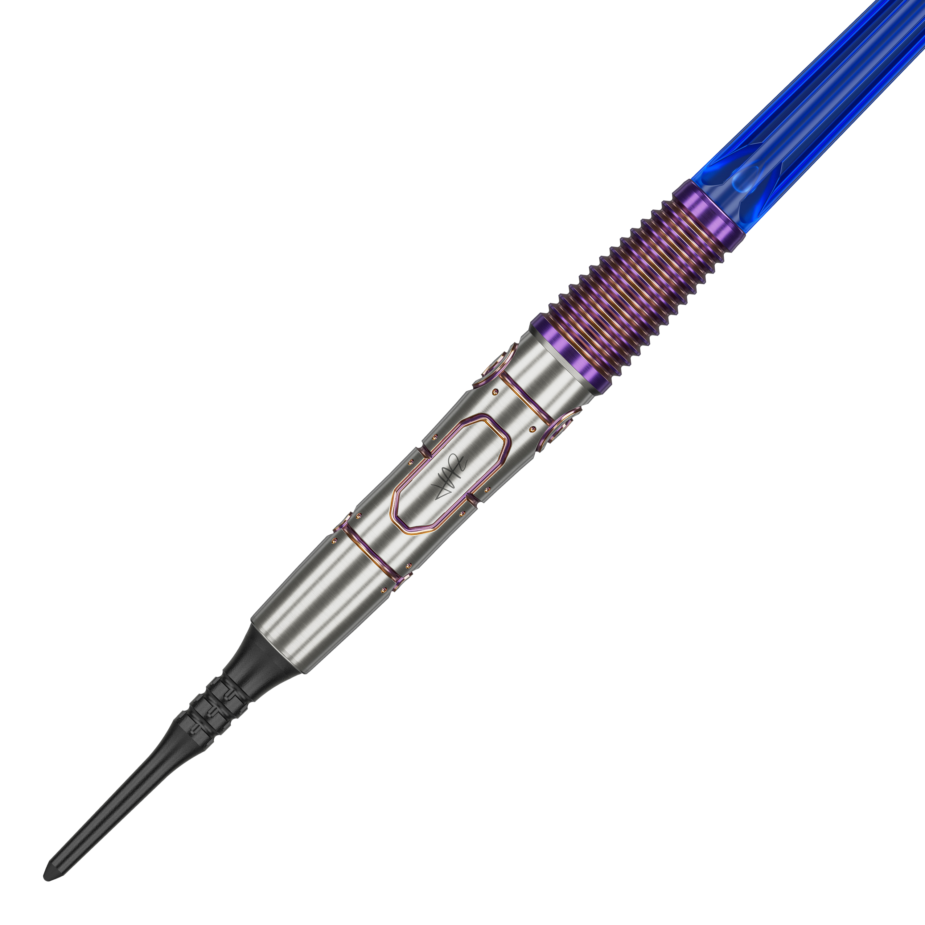 Dardos blandos Target Japan Haruki Muramatsu Rising Sun GEN9 2BA - 21,5 g Das Bild zeigt den Target Japan Haruki Muramatsu Rising Sun GEN9 2BA Softdart mit einem Gewicht von 21,5g. Der Dart hat ein silbernes Barrel mit lilafarbenen und blauen Akzenten.
