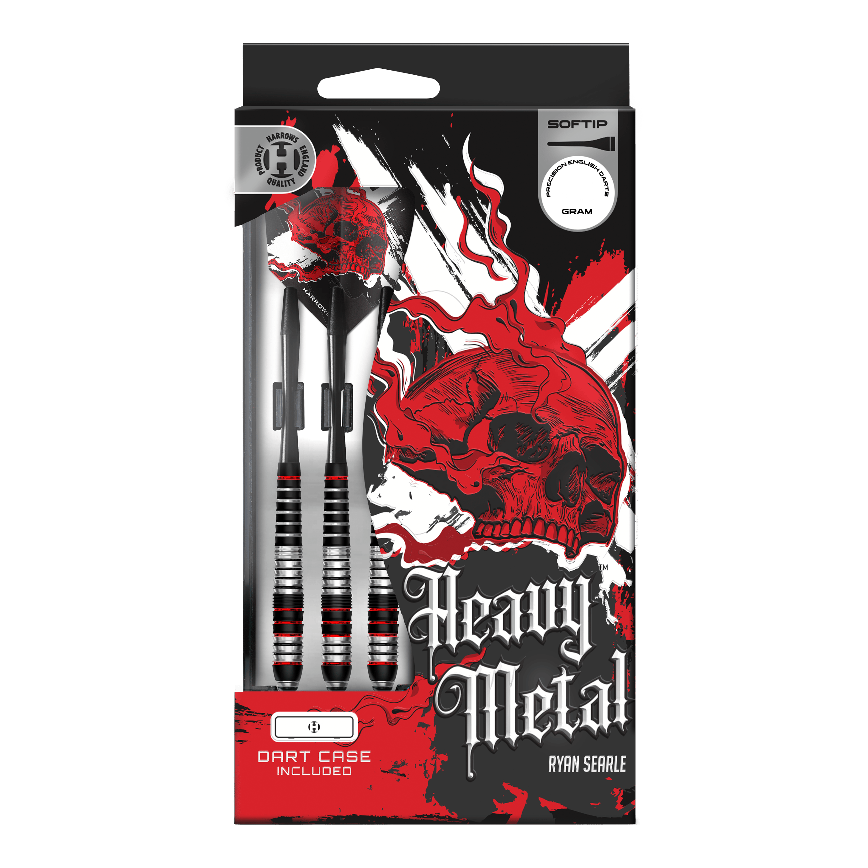 Harrows Heavy Metal Ryan Searle Brass Soft Darts Das Bild zeigt Harrows Heavy Metal Ryan Searle Brass Softdarts. Die Darts werden aus Messing gefertigt und sind auf einer hellen Fläche angeordnet.