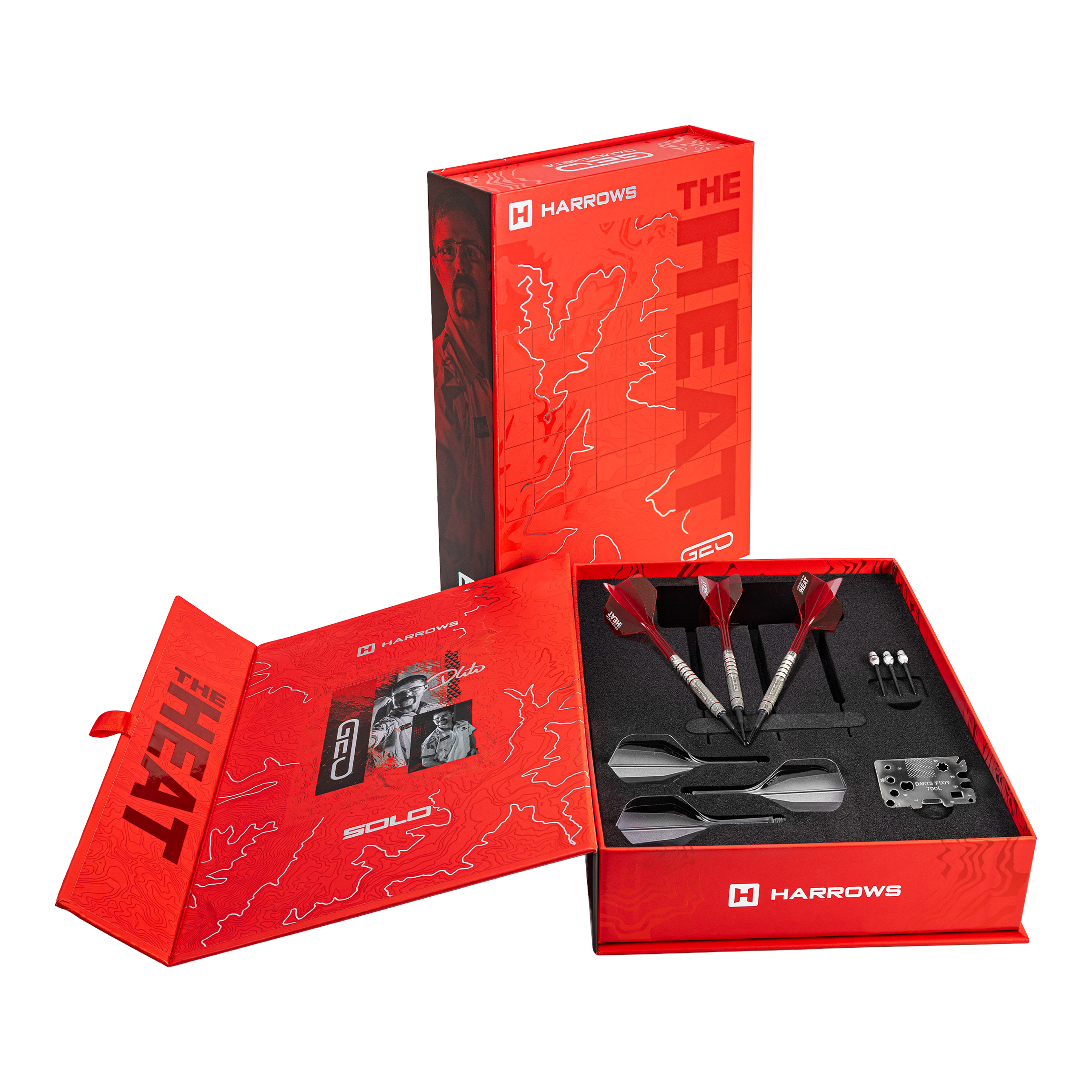 Die Harrows Damon Heta Geo Softdarts in 18g werden gezeigt. Die Darts sind modern gestaltet.