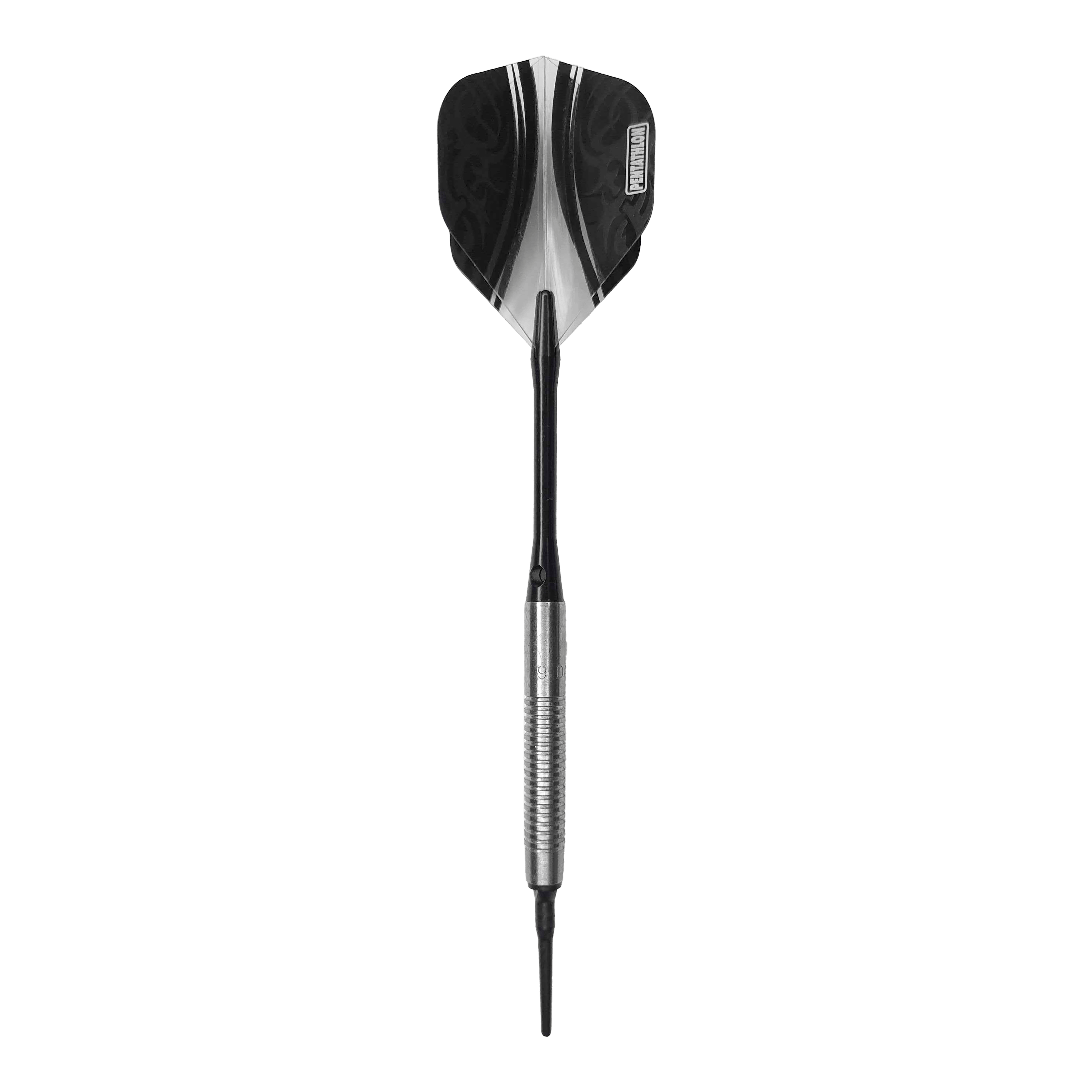 McDart 85er Tungsten V21 Softdarts - 18,5g Das Bild zeigt einen McDart 85er Tungsten V21 Softdart mit einem Gewicht von 18,5g. Der Dart hat eine silberne, gerillte Barrel und schwarze Flights.