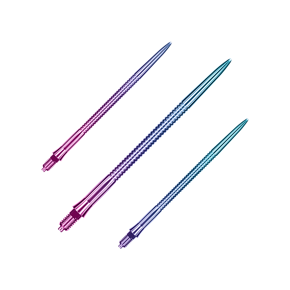 Auf dem Bild sieht man ein Set Caliburn EZ-EVO Dartspitzen mit grooved Rainbow-Optik, 45 mm lang. Die Spitzen zeichnen sich durch ein buntes, geriffeltes Muster aus.