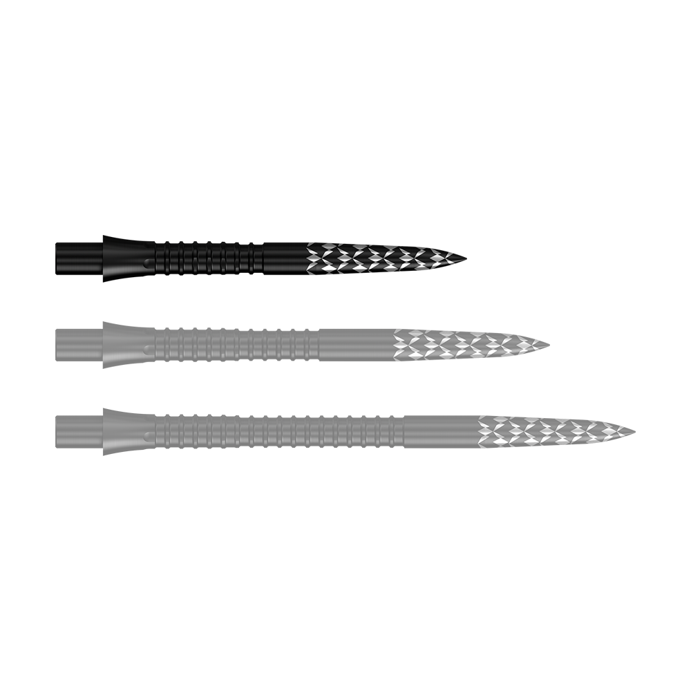 Puntas de dardos Mission Caliburn EVO con logotipo GV - Negro Abgebildet sind Schwarze Steeldartspitzen mit GV-Logo, 26 mm lang. Es handelt sich um Zubehör für Dartpfeile aus der Mission Caliburn EVO Serie.