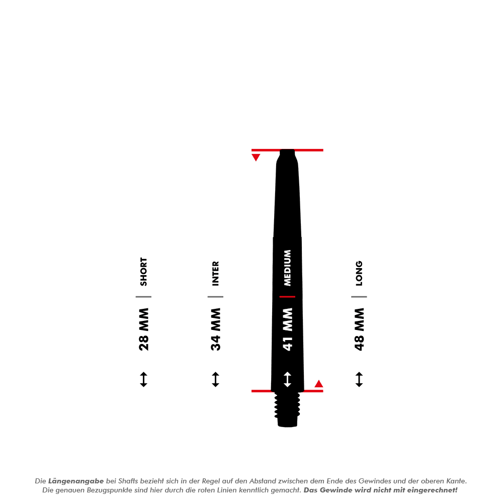 _McDart_Scope_Nylon_Shafts_5_41mm Das Bild zeigt verschiedene Längen der McDart Scope Nylon Shafts für Darts. Die Längen sind mit 28 mm (Short), 34 mm (Inter), 41 mm (Medium) und einer weiteren längeren Größe angegeben.