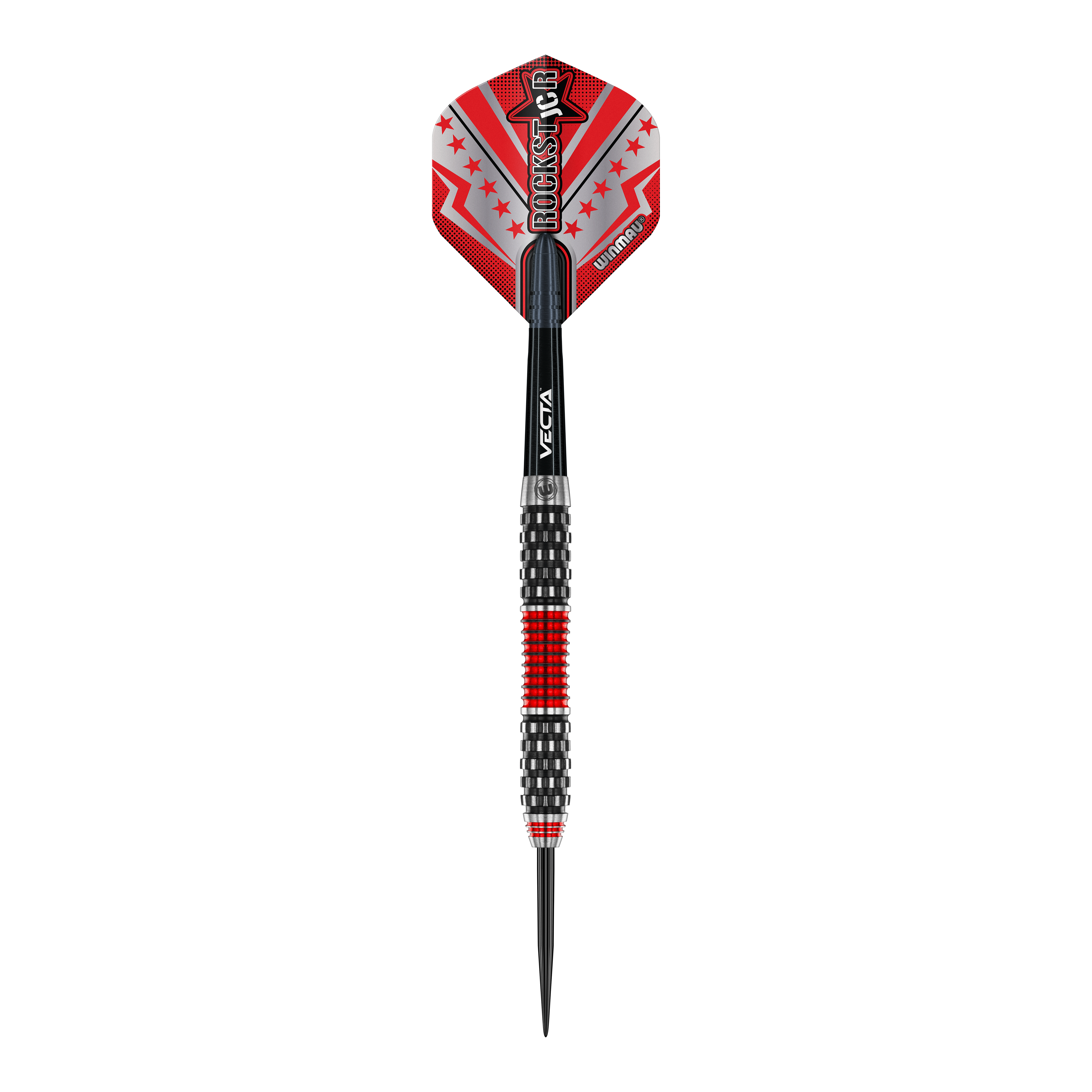 Šipky Winmau Joe Cullen Rockstar Series RS1 ocelové Das Bild zeigt einen Winmau Joe Cullen Rockstar Series RS1 Steeldartpfeil. Der Pfeil ist überwiegend schwarz mit roten und silbernen Akzenten sowie einem auffälligen "Rockstar"-Aufdruck auf dem Flight.