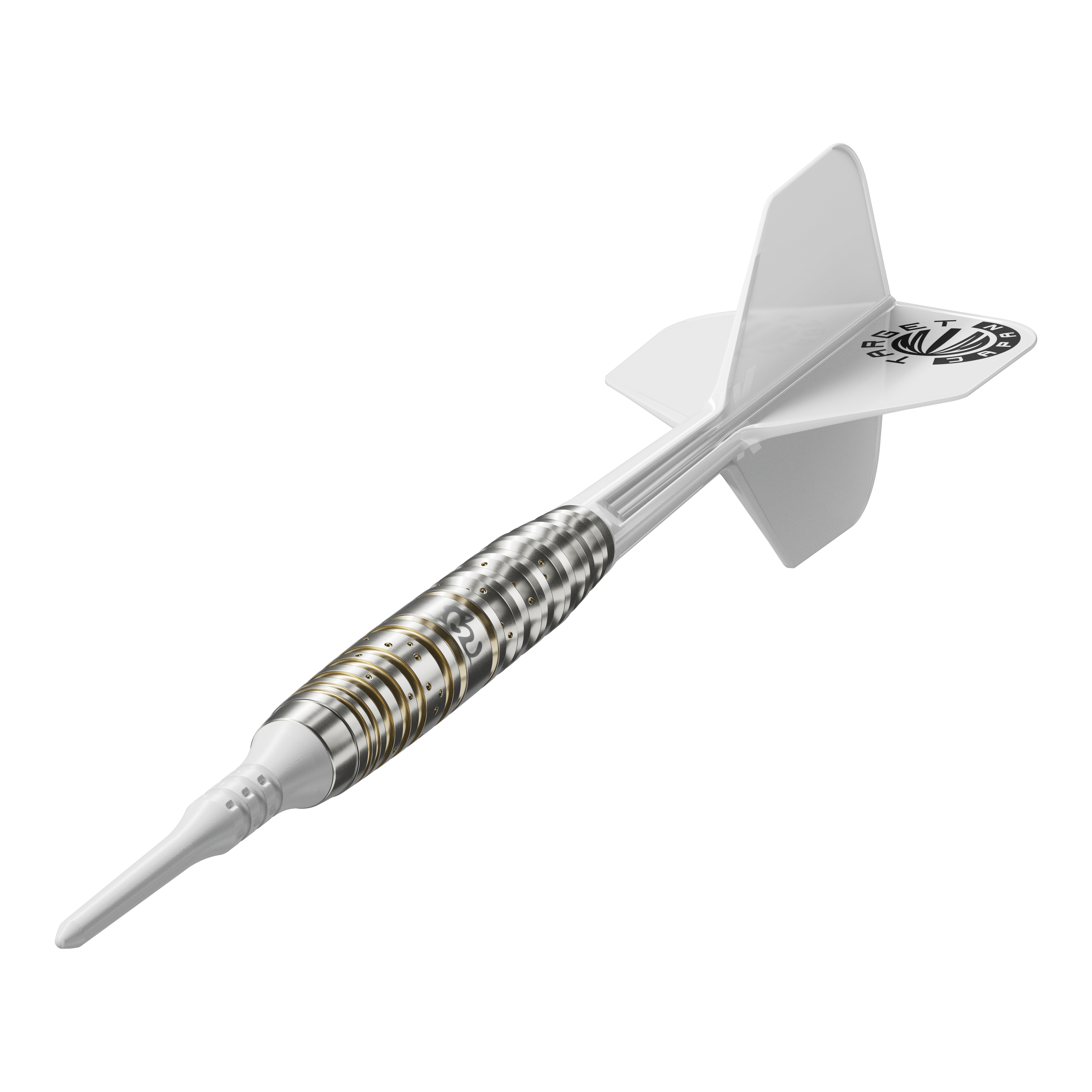 Dardos blandos Target Japan Prime Series Mayujo Morita GEN6 - 18 g Das Bild zeigt einen Softdartpfeil aus der Target Japan Prime Series Mayujo Morita GEN6 mit einem Gewicht von 18g. Der Pfeil hat ein weißes Flight und ein silberfarbenes Barrel mit goldenen Akzenten.