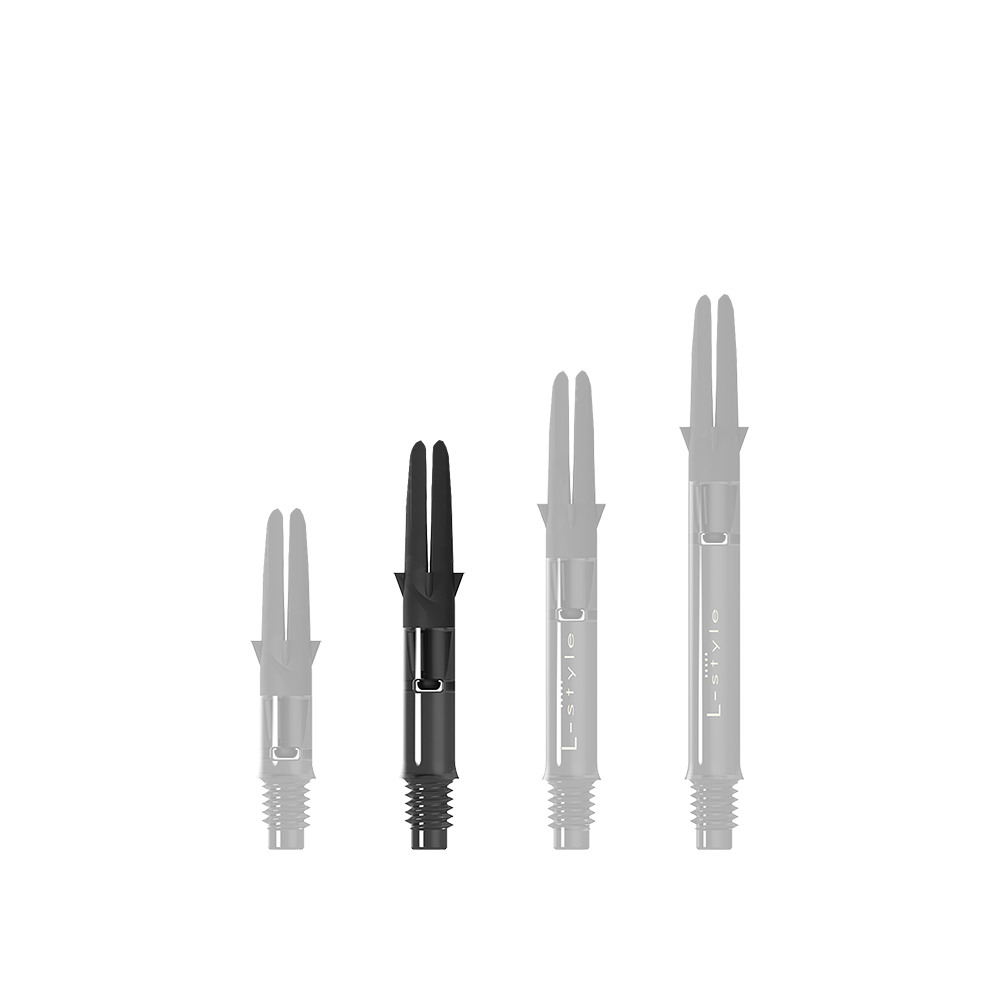 Das Bild zeigt drei schwarze Dartshafts in unterschiedlicher Länge. Sie sind aus Carbon gefertigt und tragen die Aufschrift "L-Style".