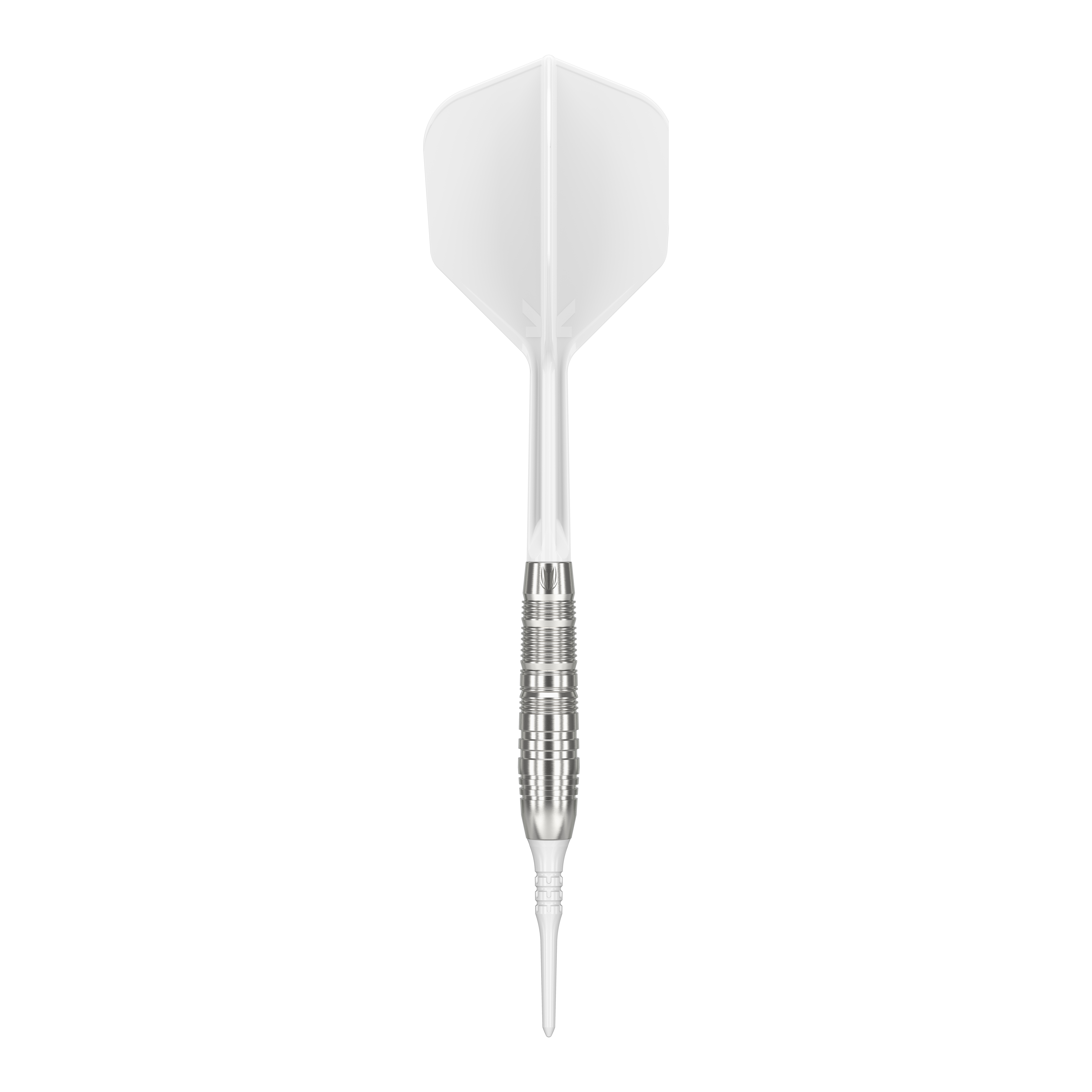 Freccette morbide Target Japan Crux Trust - 17 g Das Bild zeigt einen Target Japan Crux Trust Softdart mit einem Gewicht von 17 Gramm. Der Dart hat einen silbernen, gerillten Schaft und weiße Flights.