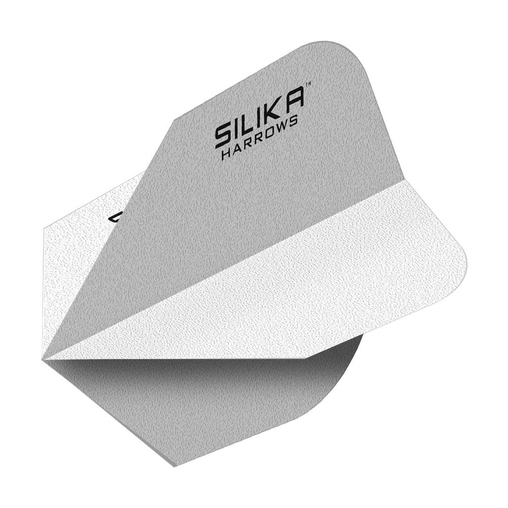 Harrows Silica Solid Houževnatý krystalický povlak White No6 Flights Das Bild zeigt ein weißes Dart-Flight mit der Aufschrift "Silika Harrows". Das Flight hat eine solide, strukturierte Oberfläche und ist speziell für hohe Haltbarkeit entwickelt.