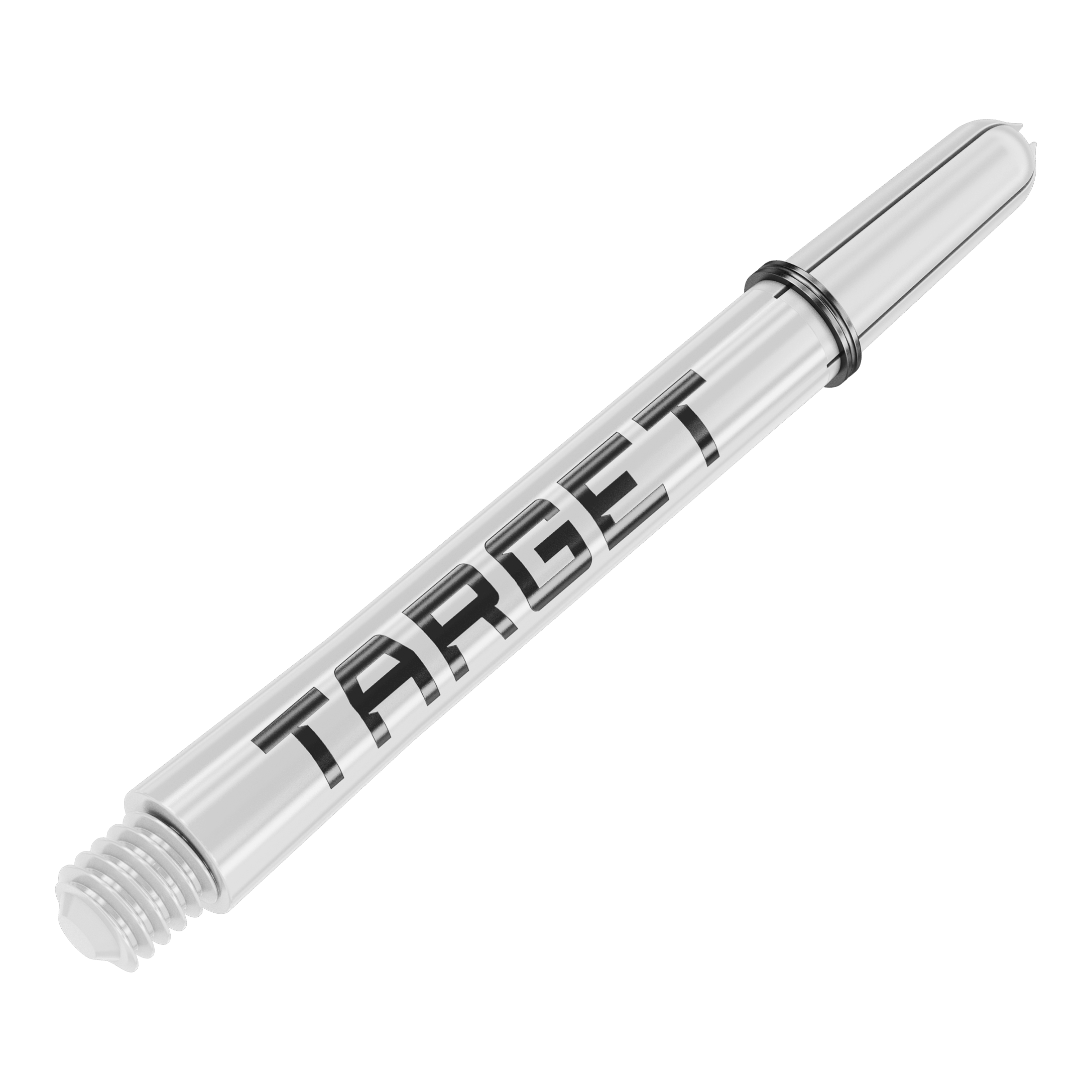 Das Bild zeigt einen weißen Dart-Schaft mit der Aufschrift "TARGET". Der Schaft ist aus Kunststoff und hat ein Schraubgewinde am Ende.