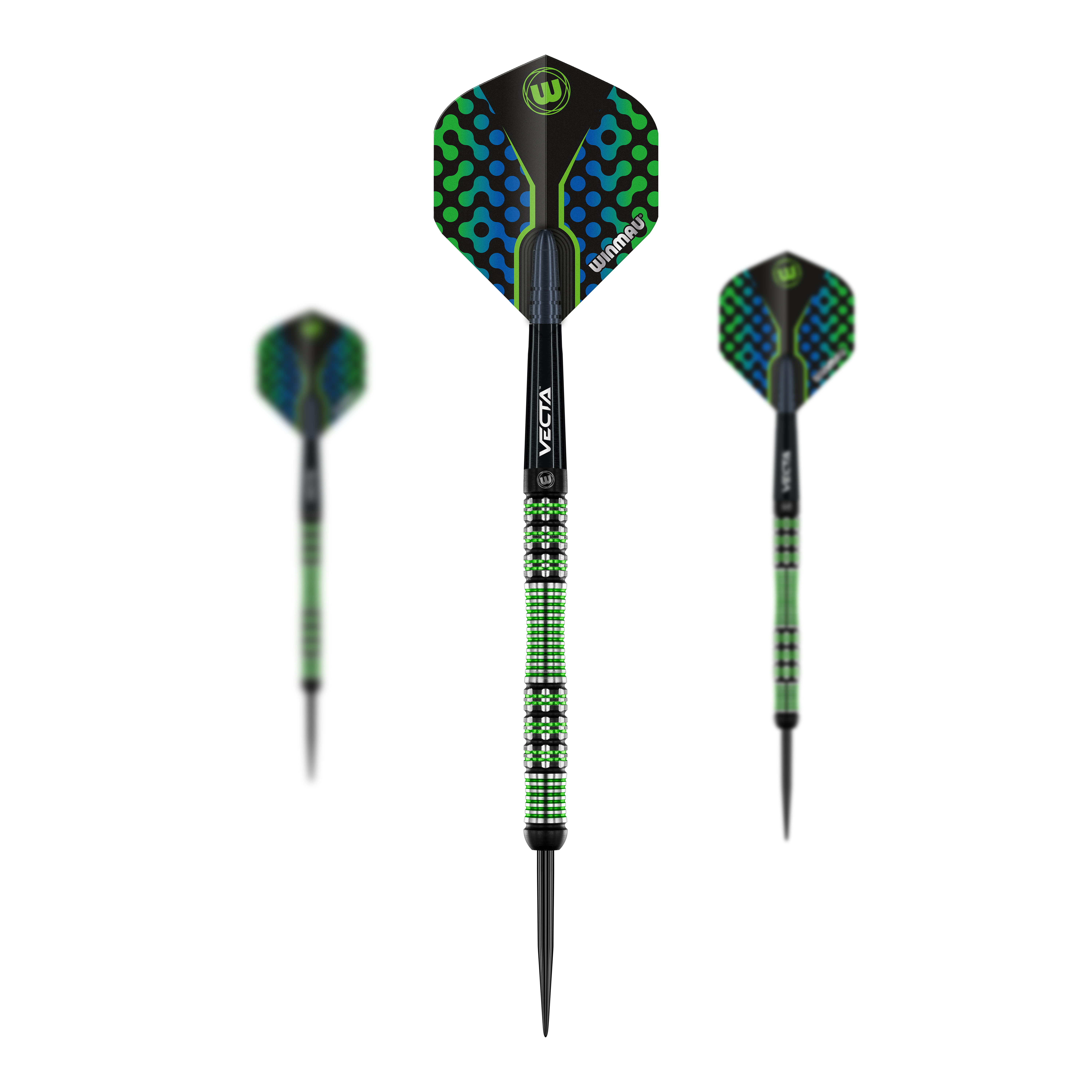 Dardos de acero Winmau Brendan Dolan Das Bild zeigt drei Winmau Brendan Dolan Steeldarts mit auffälligem grün-blauem Design. Die Darts haben schwarz-grün gemusterte Griffe und schwarze Spitzen.