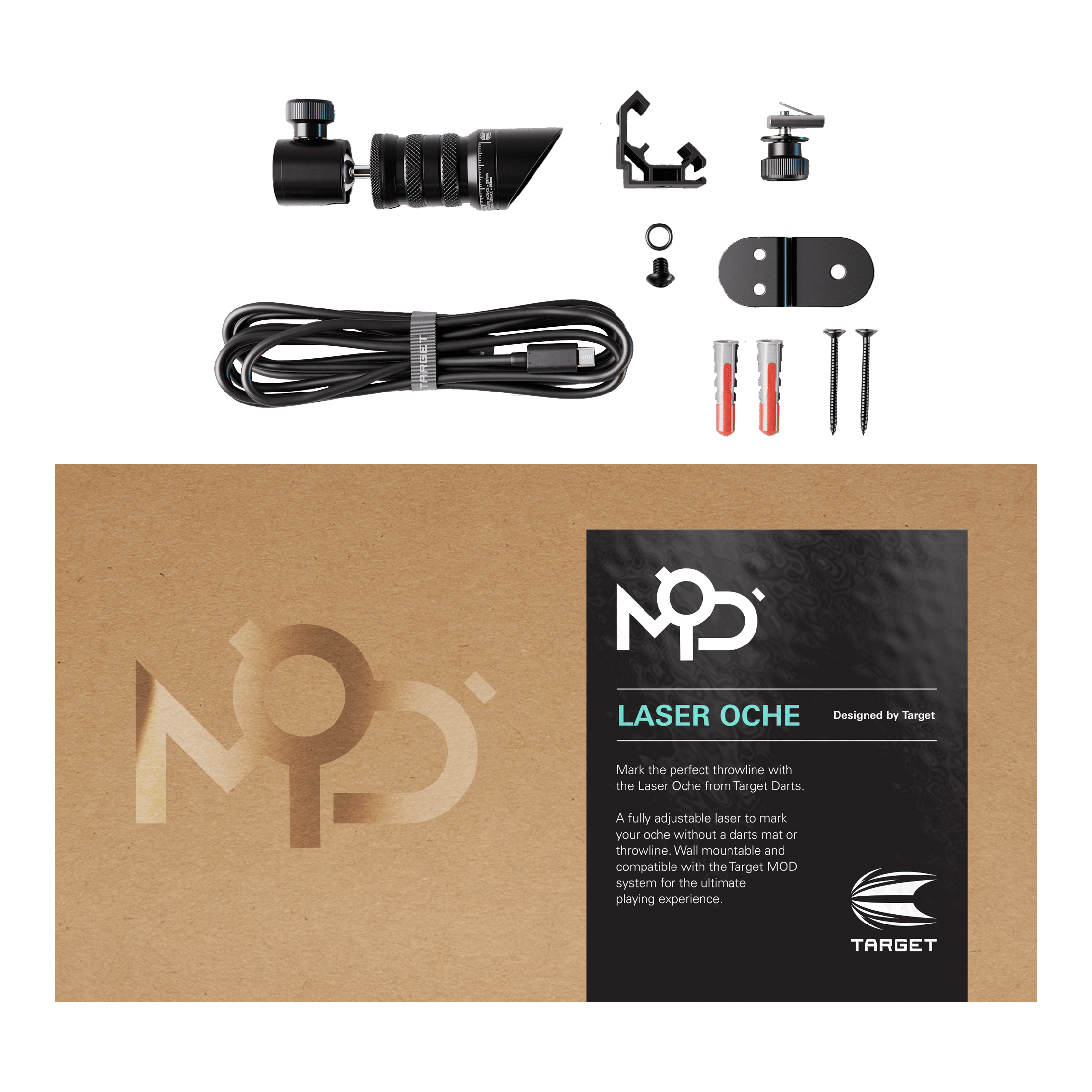 Target MOD Laser Oche Das Bild zeigt das Produkt „Target MOD Laser Oche“ mit allen enthaltenen Teilen, wie Kabel, Schrauben und Montagematerial. Die Verpackung liegt im Vordergrund und trägt die Produktbezeichnung sowie eine kurze Beschreibung.