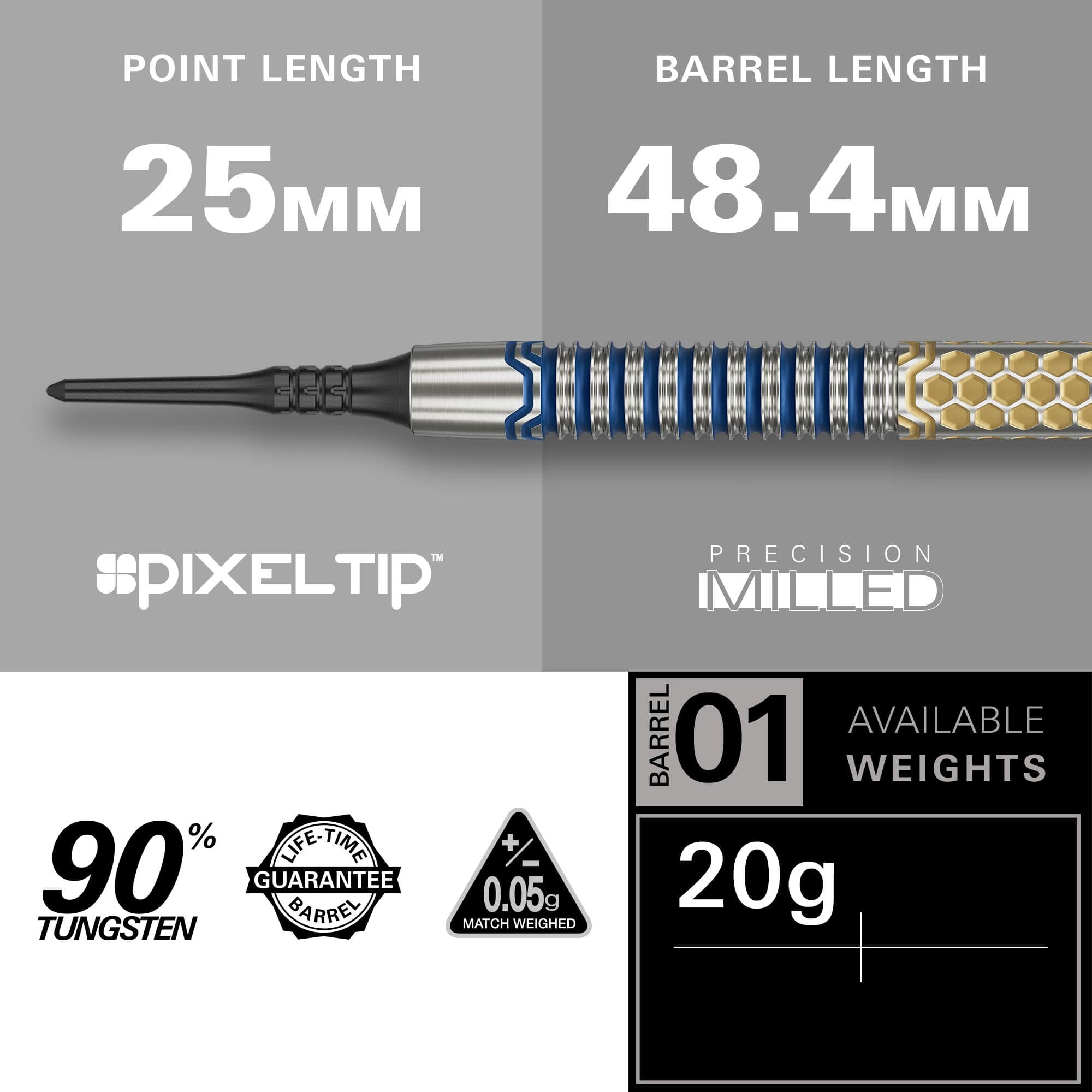Měkké šipky Target Josh Rock GEN1 - 20g Das Bild zeigt den Softdart "Target Josh Rock GEN1" mit einem Gewicht von 20g. Der Dart hat eine Spitzenlänge von 25 mm, eine Barrel-Länge von 48,4 mm und besteht zu 90% aus Tungsten.